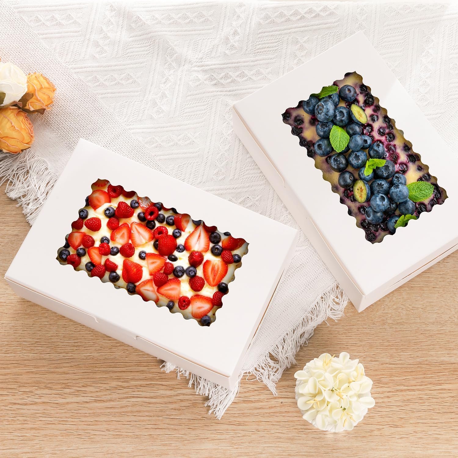 Cajas de galletas de 36 piezas, 9x6x2.5 pulgadas, con ventana para pasteles, chocolates, fresas, muffins, donas y postres navideños, logo personalizado, ideal para marca blanca, proveedor de empaques.