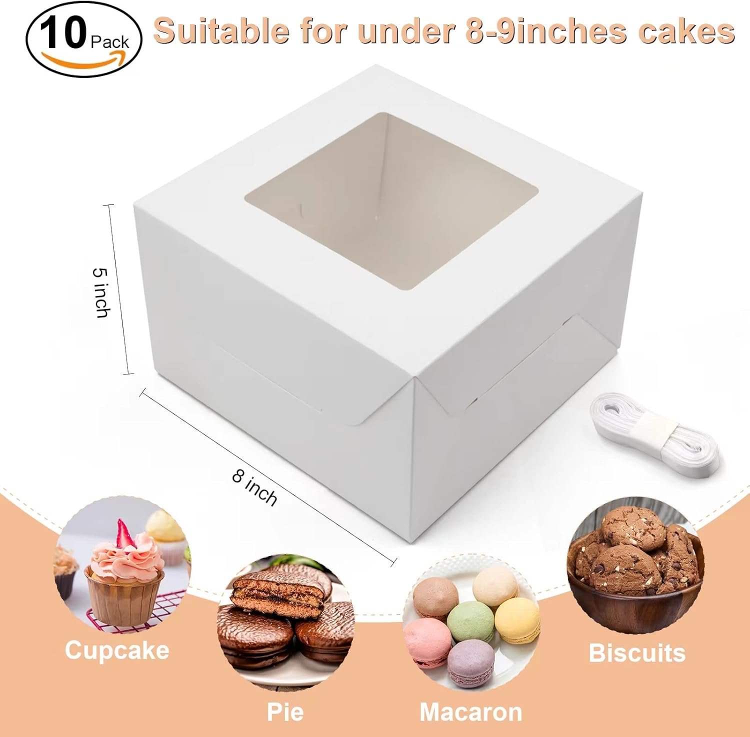 Cajas de pastel blancas de 10 piezas 8x8x5 pulgadas con ventanas para galletas, cupcakes, muffins y donas, Marca Blanca, Proveedor de empaques personalizados.