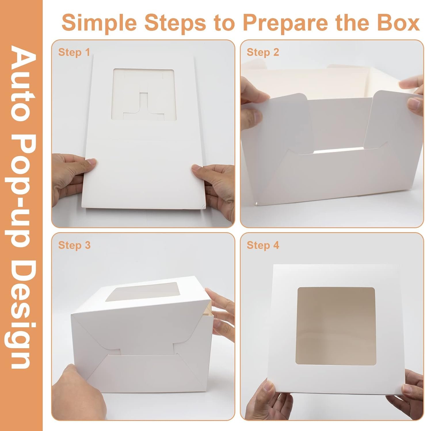 Cajas de pastel blancas de 10 piezas 8x8x5 pulgadas con ventanas para galletas, cupcakes, muffins y donas, Marca Blanca, Proveedor de empaques personalizados.