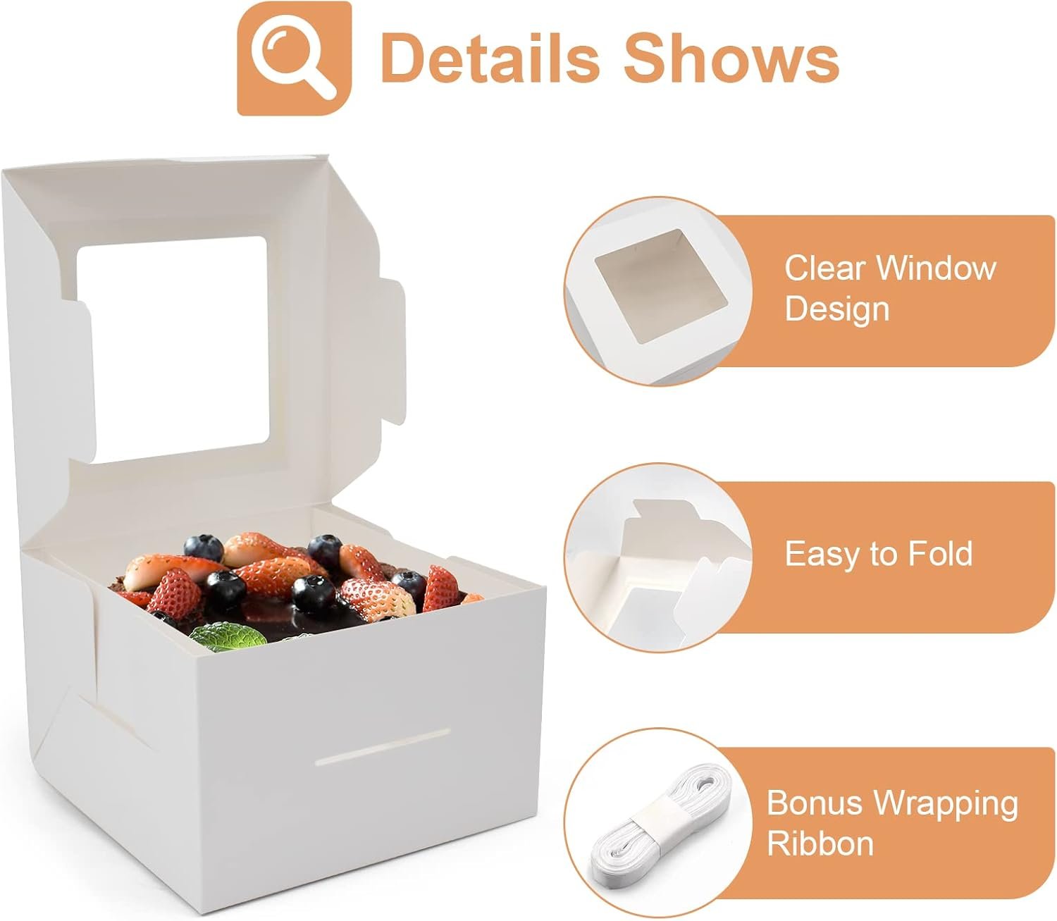 Cajas de pastel blancas de 10 piezas 8x8x5 pulgadas con ventanas para galletas, cupcakes, muffins y donas, Marca Blanca, Proveedor de empaques personalizados.