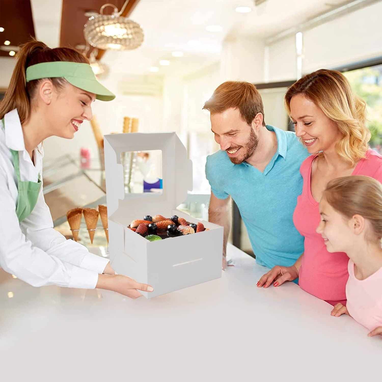 Cajas de pastel blancas de 10 piezas 8x8x5 pulgadas con ventanas para galletas, cupcakes, muffins y donas, Marca Blanca, Proveedor de empaques personalizados.