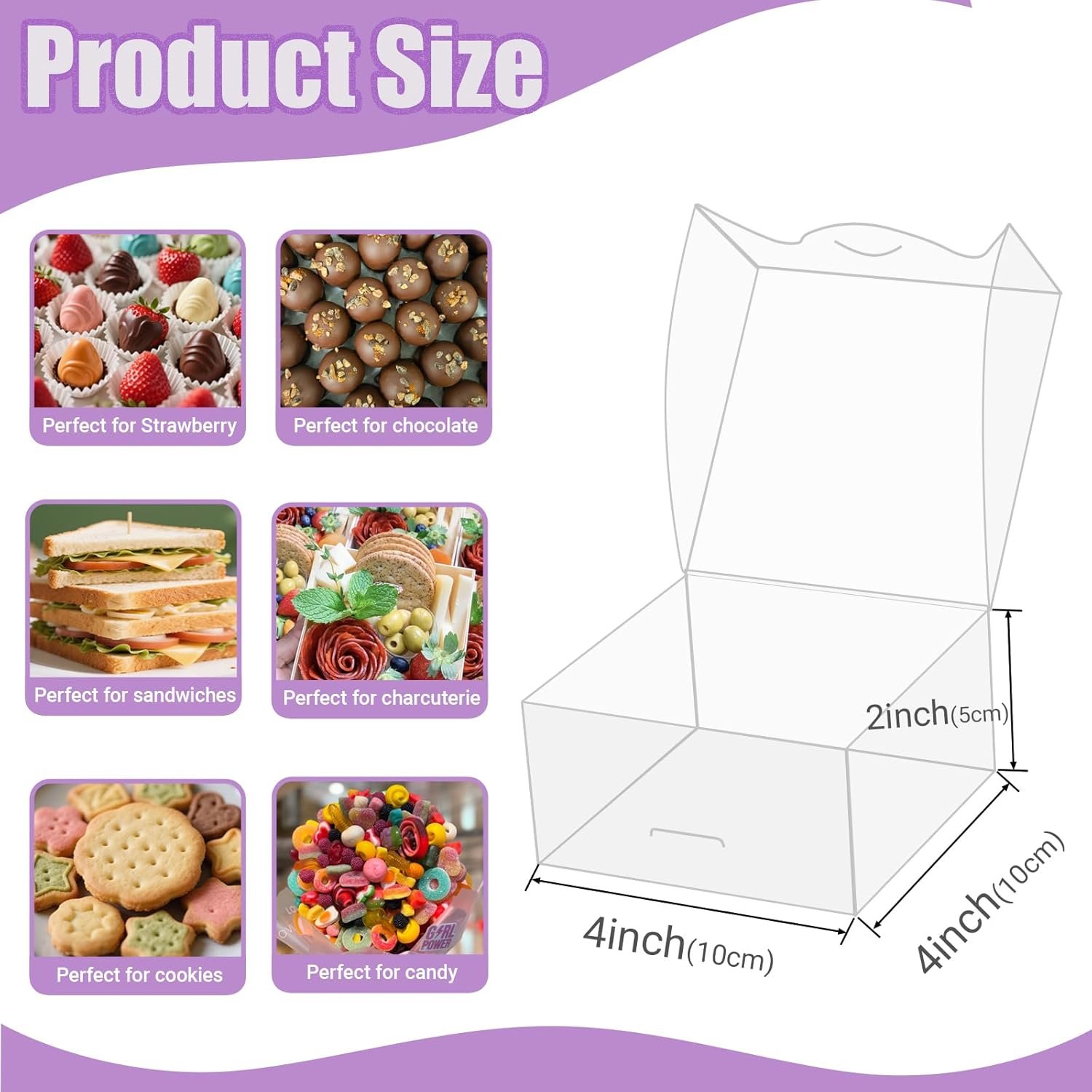 Cajas de regalo de plástico transparente de 100 piezas de 4x4x2 pulgadas para galletas, fresas cubiertas de chocolate, trufas, brownies y más con Marca Blanca, ideales para personalización con Logo Personalizado y disponibles en Fábrica.