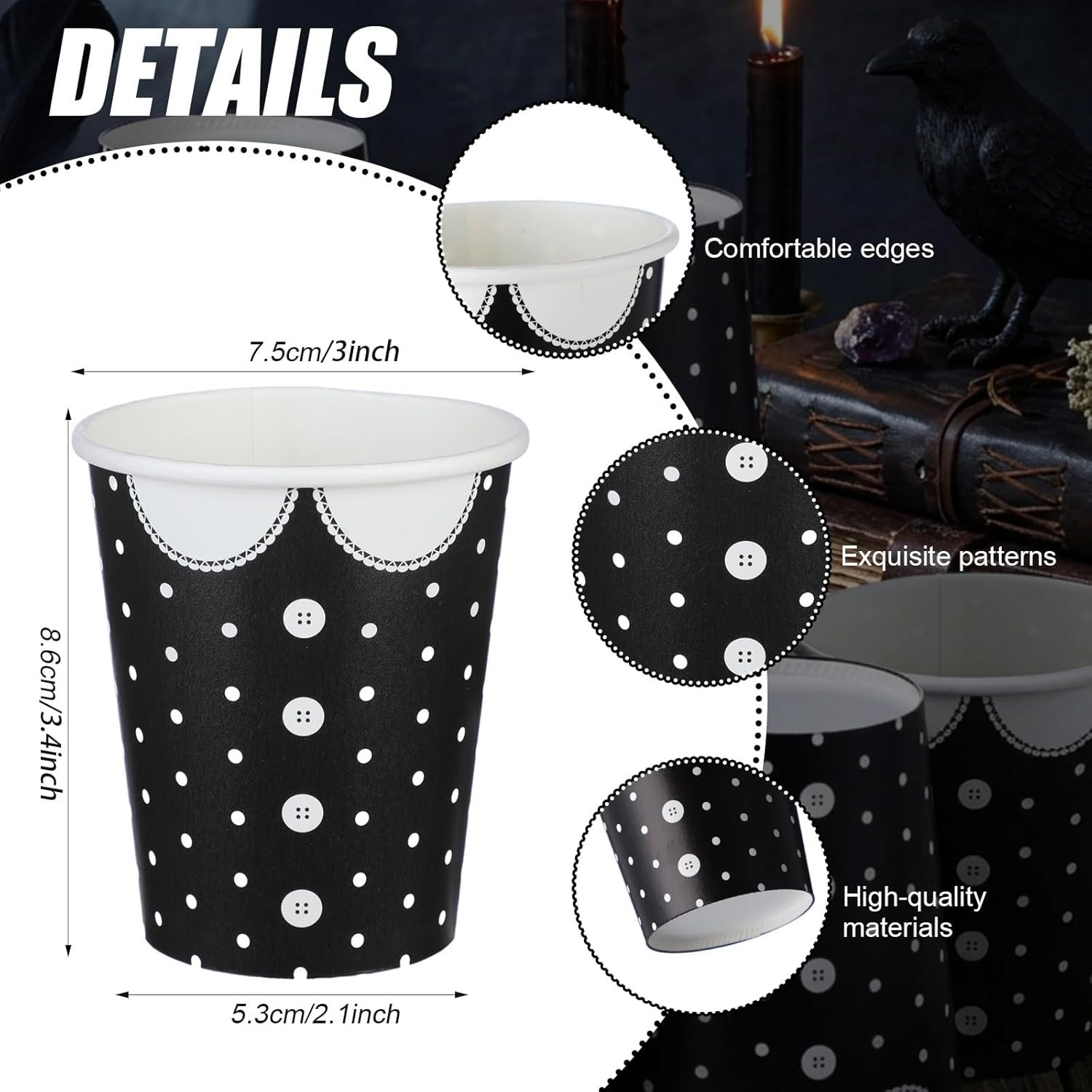 Tazas de papel desechables de 9 oz con patrón gótico para fiestas de cumpleaños y Halloween, ideales para regalos y decoraciones de fiesta, con Logo Personalizado y disponibles a través de nuestro Proveedor. Tazas de papel desechables de 9 oz con patrón gótico para fiestas de cumpleaños y Halloween, ideales para regalos y decoraciones de fiesta, con Logo Personalizado y disponibles a través de nuestro Proveedor.