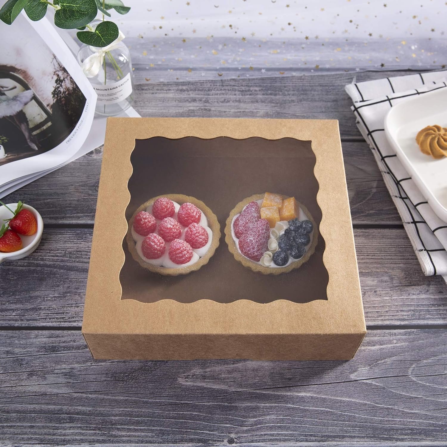 Cajas de panadería Kraft de 9 pulgadas [15pcs] con ventana de PVC, caja desechable natural para galletas 9x9x2.5 pulgadas, Marca Blanca, Fábrica especializada.