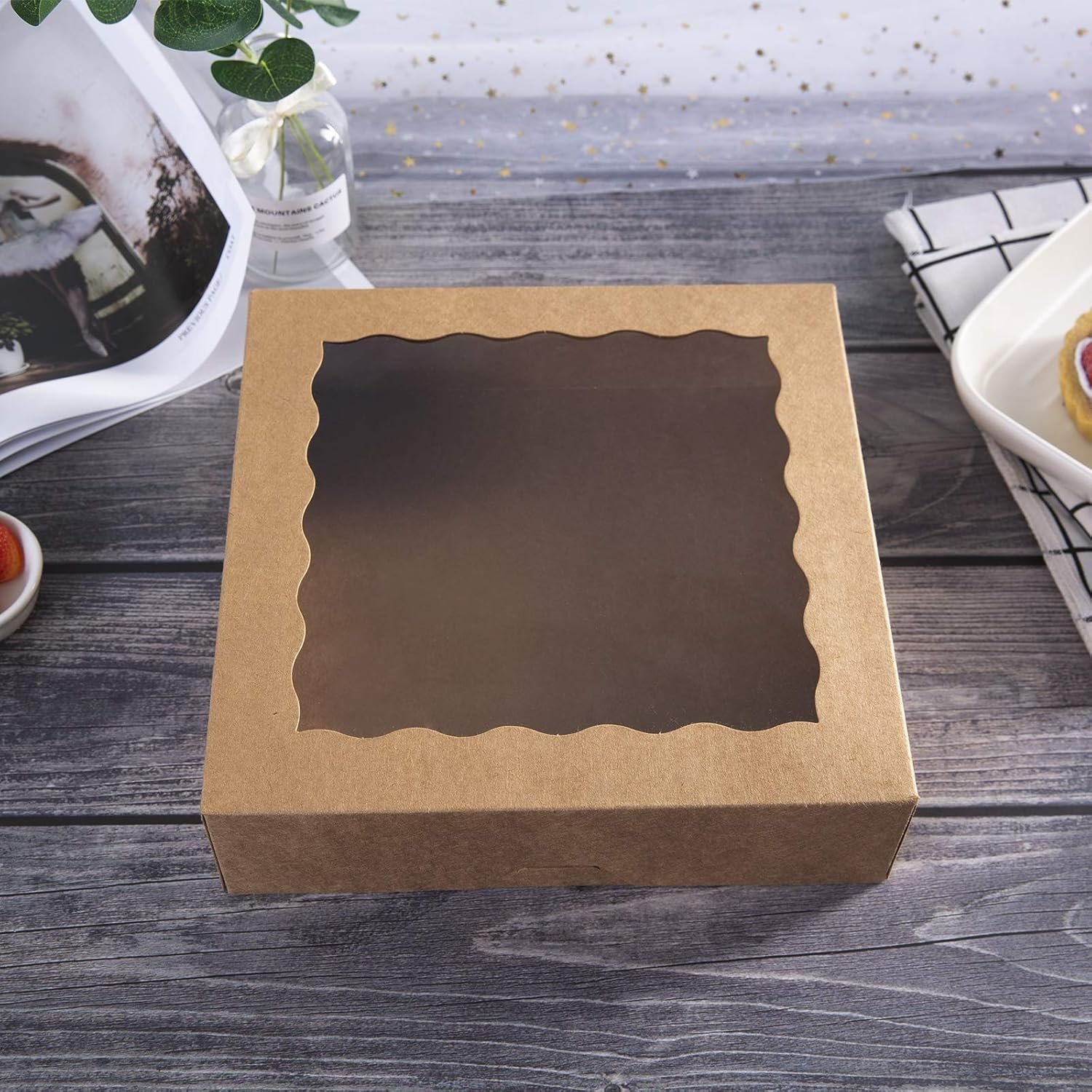 Cajas de panadería Kraft de 9 pulgadas [15pcs] con ventana de PVC, caja desechable natural para galletas 9x9x2.5 pulgadas, Marca Blanca, Fábrica especializada.