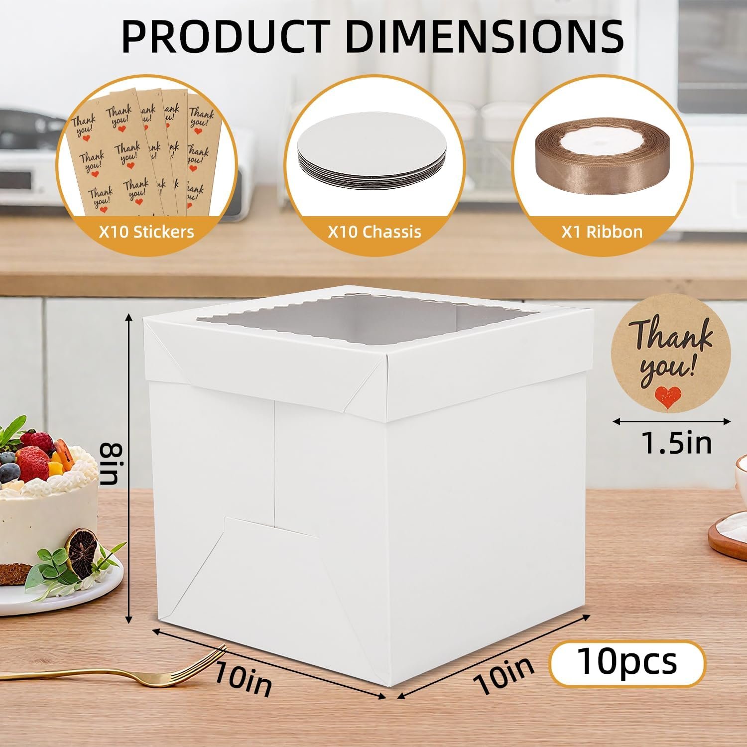 Caja de Pasteles con Logo Personalizado, Pack de 10 Cajas Altas de 10x10x8 Pulgadas con Ventana, Cajas de Cartón para Pasteles de Marca Blanca, Suministros para Decorar Pasteles, Proveedor de Cajas para Regalos.