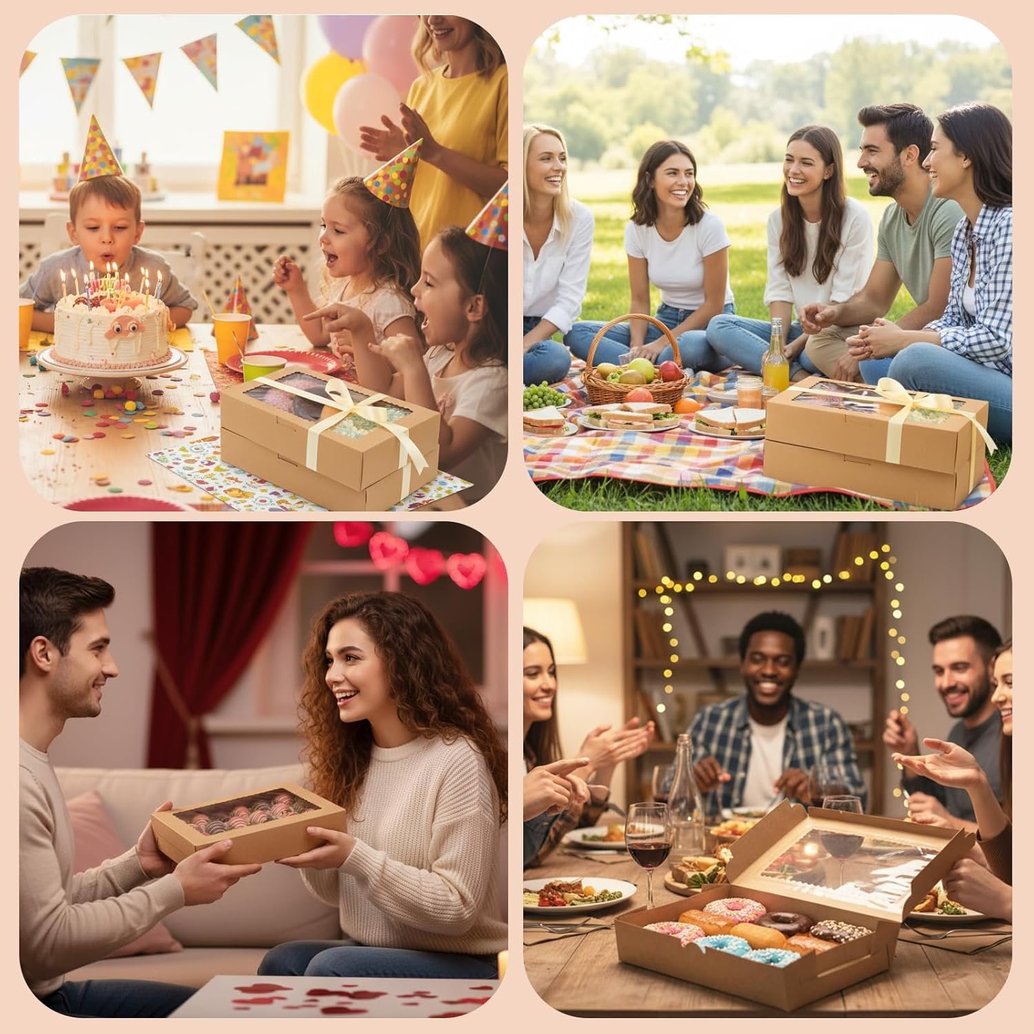 Cajas de galletas con ventana 48 Pack, 12x8x2.5 Pulgadas, ideales para obsequios navideños de postres, donuts y pasteles, Marca Blanca de Fábrica.