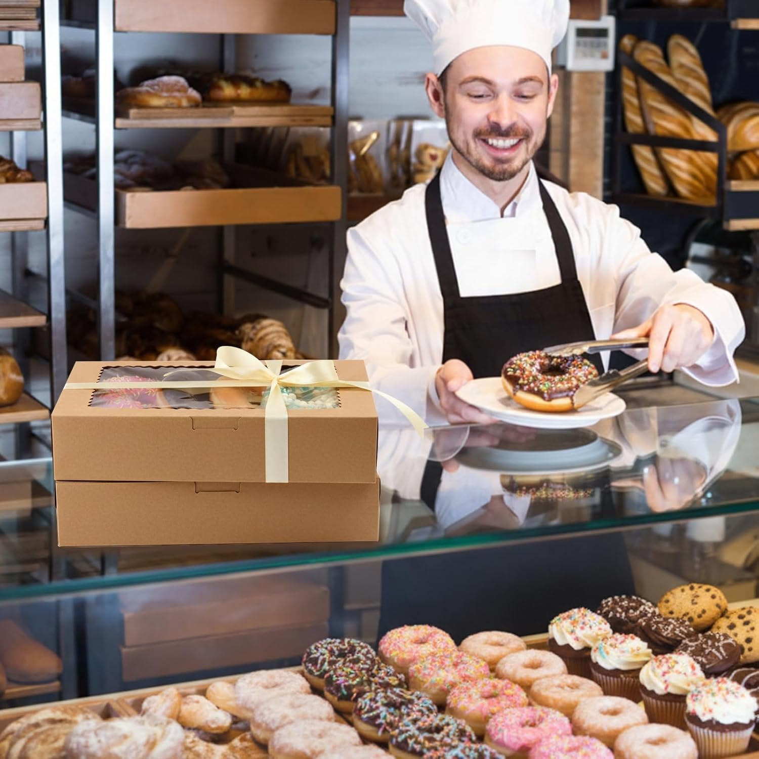 Cajas de galletas con ventana 48 Pack, 12x8x2.5 Pulgadas, ideales para obsequios navideños de postres, donuts y pasteles, Marca Blanca de Fábrica.