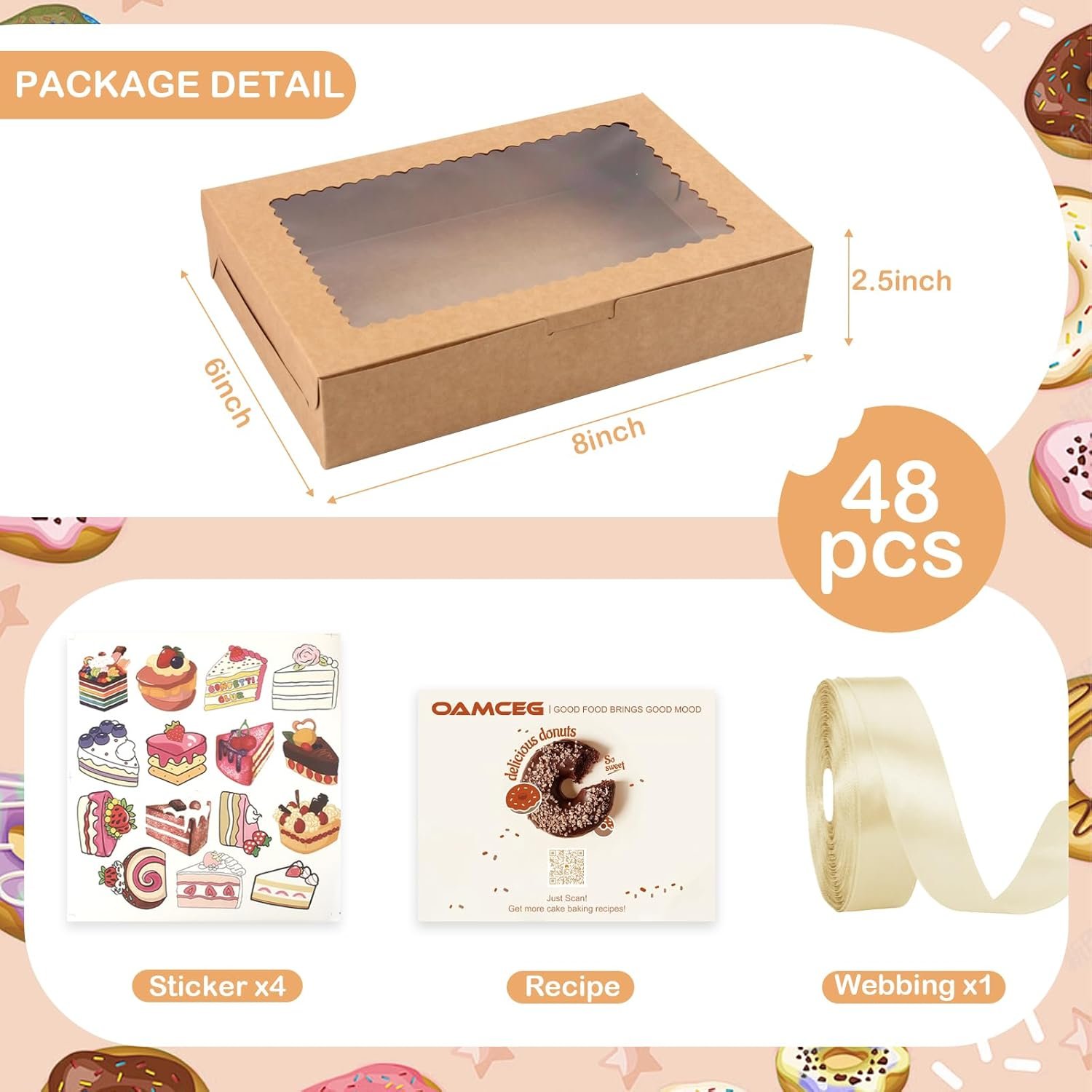 Cajas de galletas con ventana 48 Pack, 12x8x2.5 Pulgadas, ideales para obsequios navideños de postres, donuts y pasteles, Marca Blanca de Fábrica.
