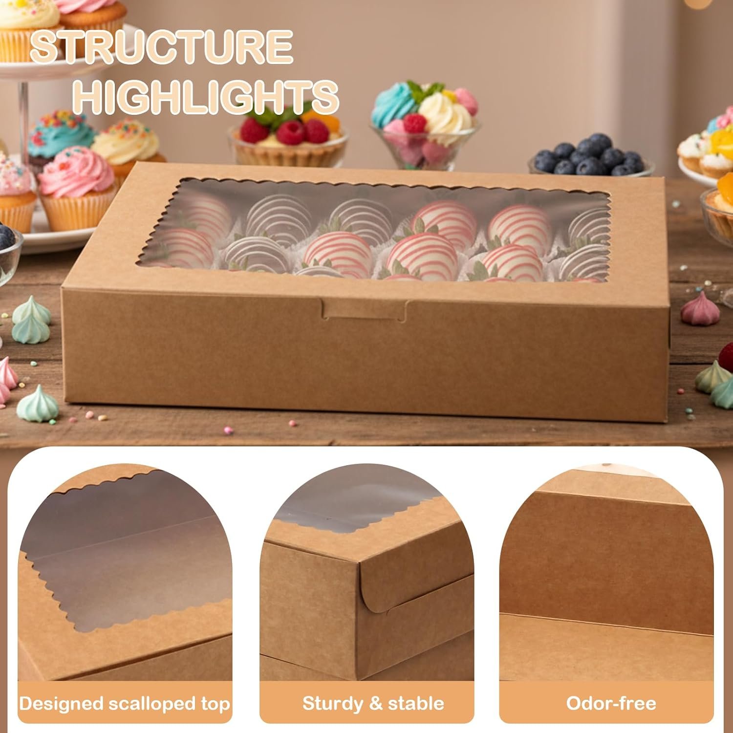 Cajas de galletas con ventana 48 Pack, 12x8x2.5 Pulgadas, ideales para obsequios navideños de postres, donuts y pasteles, Marca Blanca de Fábrica.