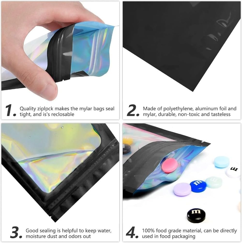 Bolsas de Ziplock Personalizadas con Logo Personalizado Holográfico para Almacenamiento de Joyería DIY, Proveedor de Bolsas Plásticas sin Agujero (Negro, 7x10) Marca Blanca