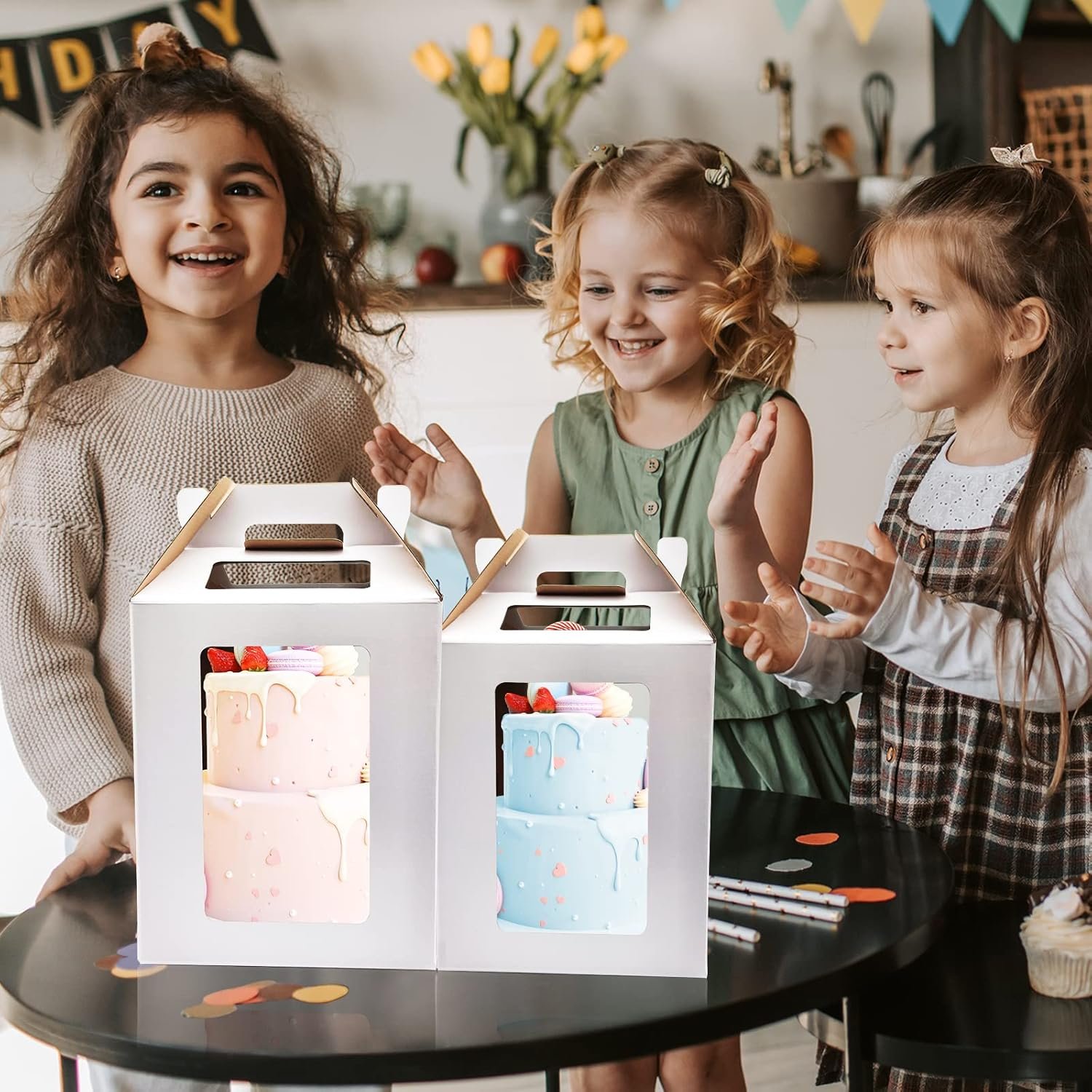 Caja de pasteles con ventana de 10x10x12 y 12x12x14 pulgadas, 6 piezas para pasteles de bodas y cumpleaños, personalizable con logo, envase desechable para panadería, Proveedor de cajas para tartas.