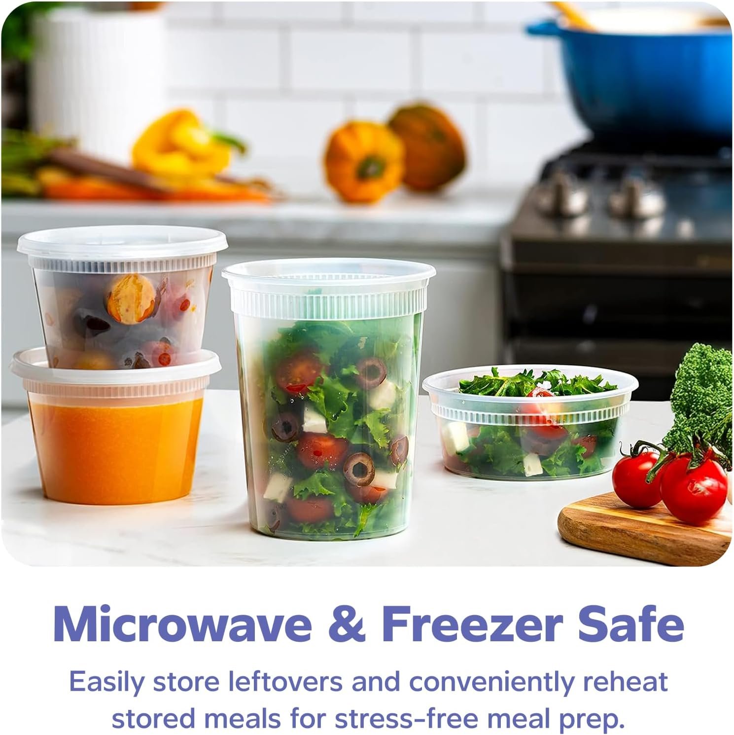 Contenedores de Comida con Tapa Logo Personalizado [8 oz, 16 oz, 32 oz - 48 Unidades] - Recipientes Plásticos para Almacenamiento de Alimentos, Perfectos para Preparación de Comidas, Sobras y Almacenamiento en el Congelador - Proveedor de Soluciones de Almacenamiento