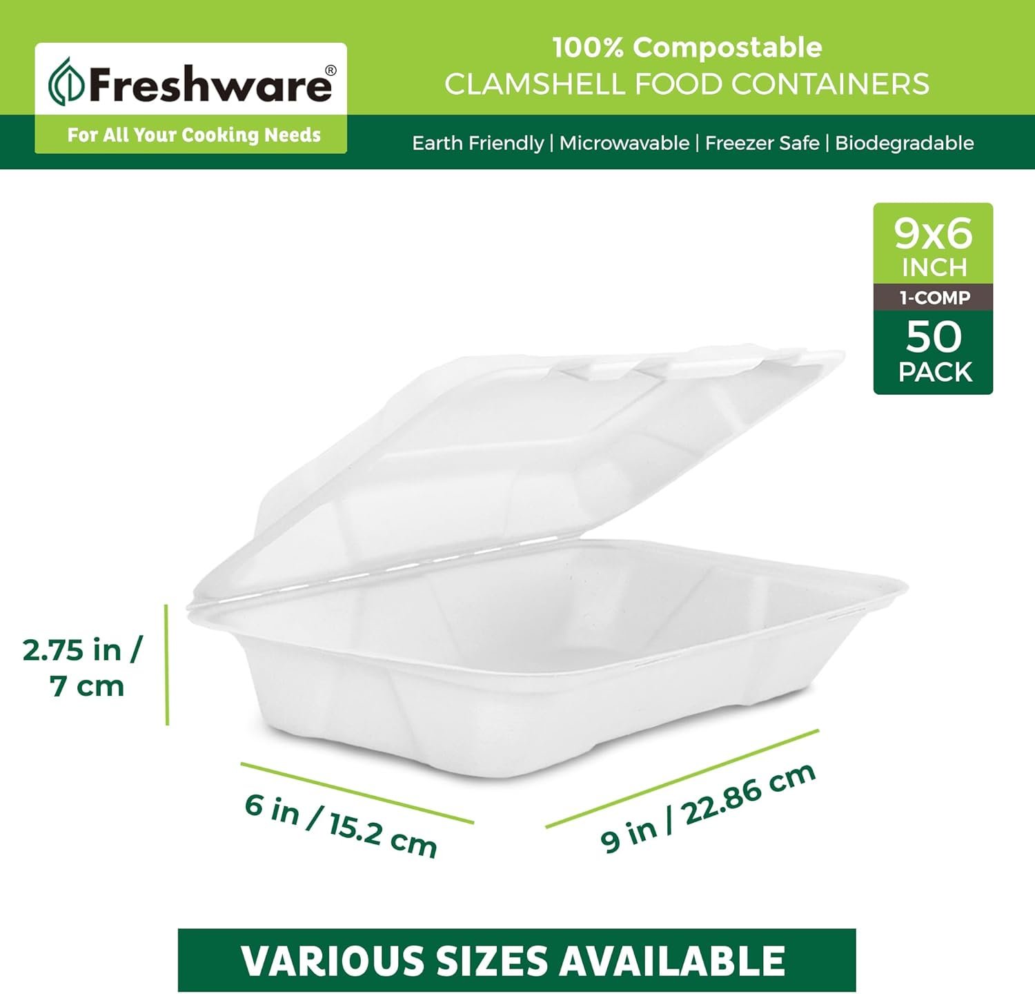 Contenedores de alimentos desechables 9x6” [50 unidades] biodegradables y compostables, cajas para llevar de caña de azúcar, ideales para personalizar con logo, resistentes y apilables, fabricados por un proveedor confiable, aptos para microondas y congelador.