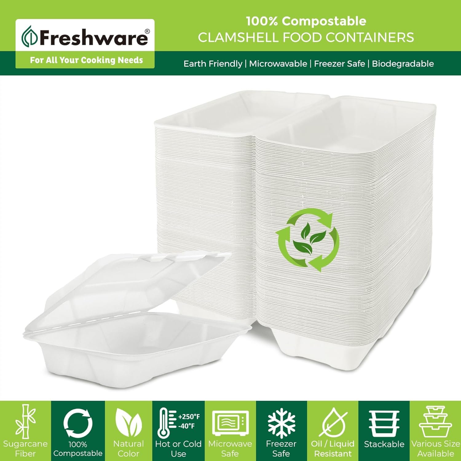 Contenedores de alimentos desechables 9x6” [50 unidades] biodegradables y compostables, cajas para llevar de caña de azúcar, ideales para personalizar con logo, resistentes y apilables, fabricados por un proveedor confiable, aptos para microondas y congelador.