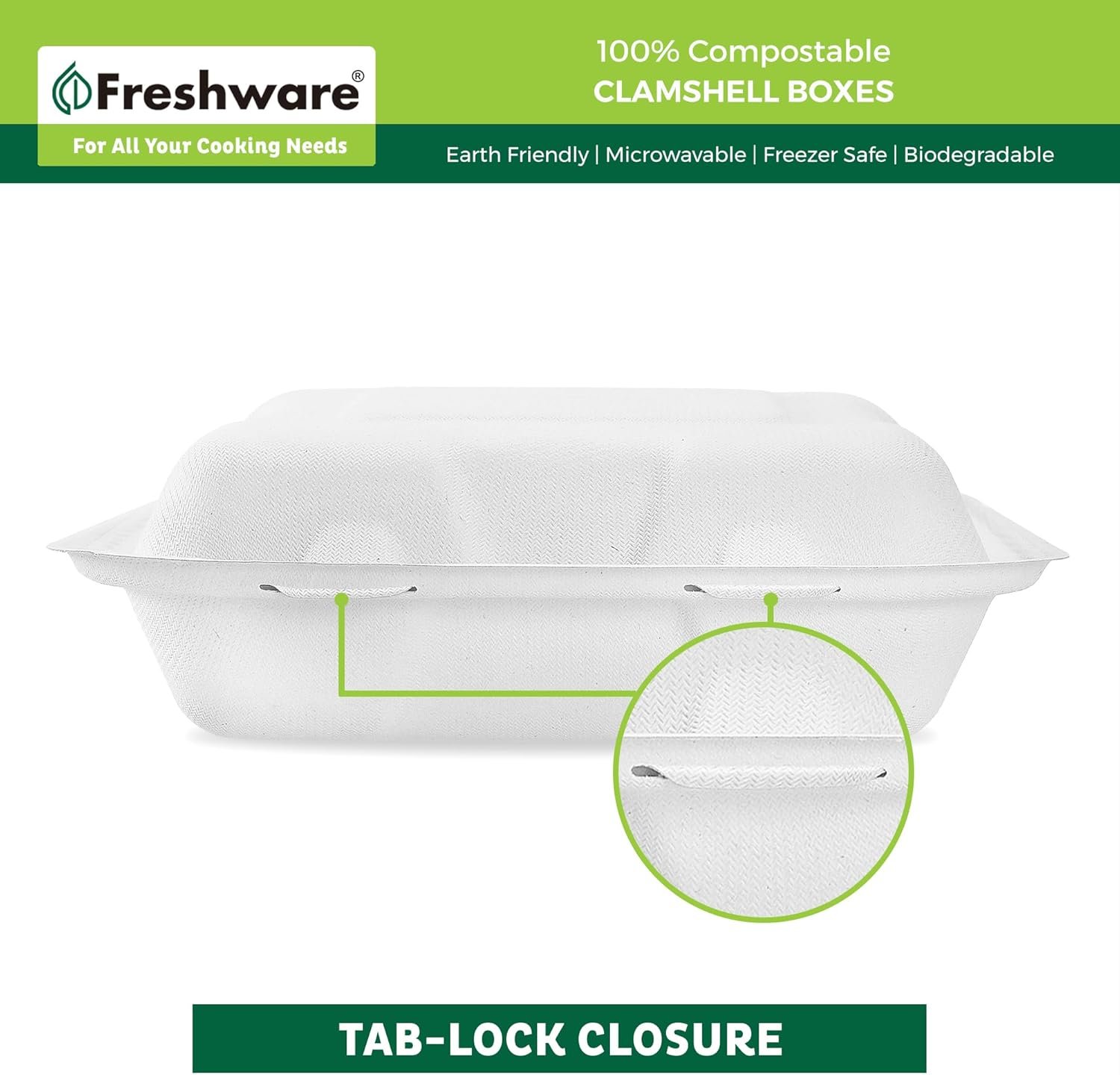 Contenedores de alimentos desechables 9x6” [50 unidades] biodegradables y compostables, cajas para llevar de caña de azúcar, ideales para personalizar con logo, resistentes y apilables, fabricados por un proveedor confiable, aptos para microondas y congelador.