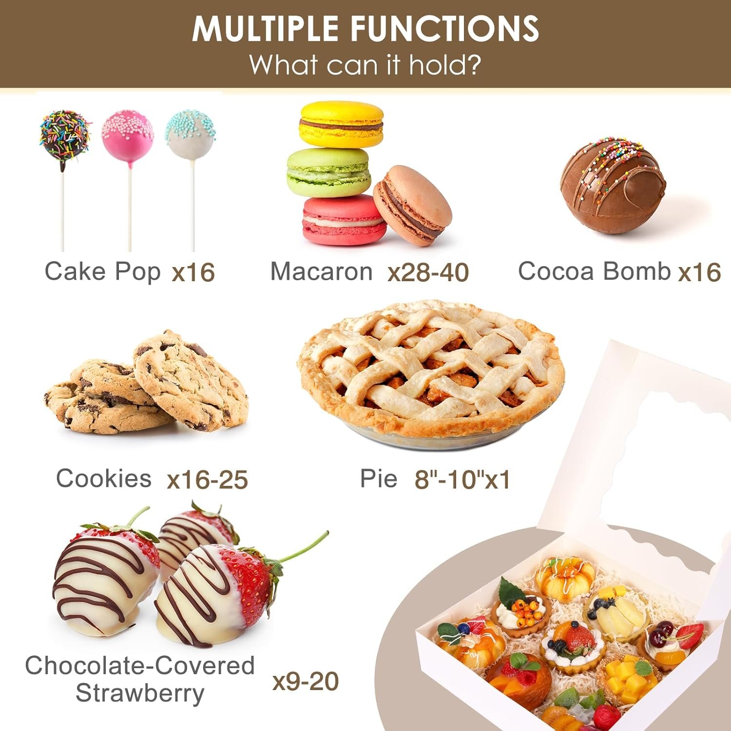 Caja de pastelería con ventana de 10x10x2.5 pulgadas, 35 piezas, ideal para galletas, pasteles, dulces y fresas cubiertas de chocolate, con opción de logo personalizado, marca blanca, fabricado por nuestro proveedor. Caja de pastelería con ventana de 10x10x2.5 pulgadas, 35 piezas, ideal para galletas, pasteles, dulces y fresas cubiertas de chocolate, con opción de logo personalizado, marca blanca, fabricado por nuestro proveedor.