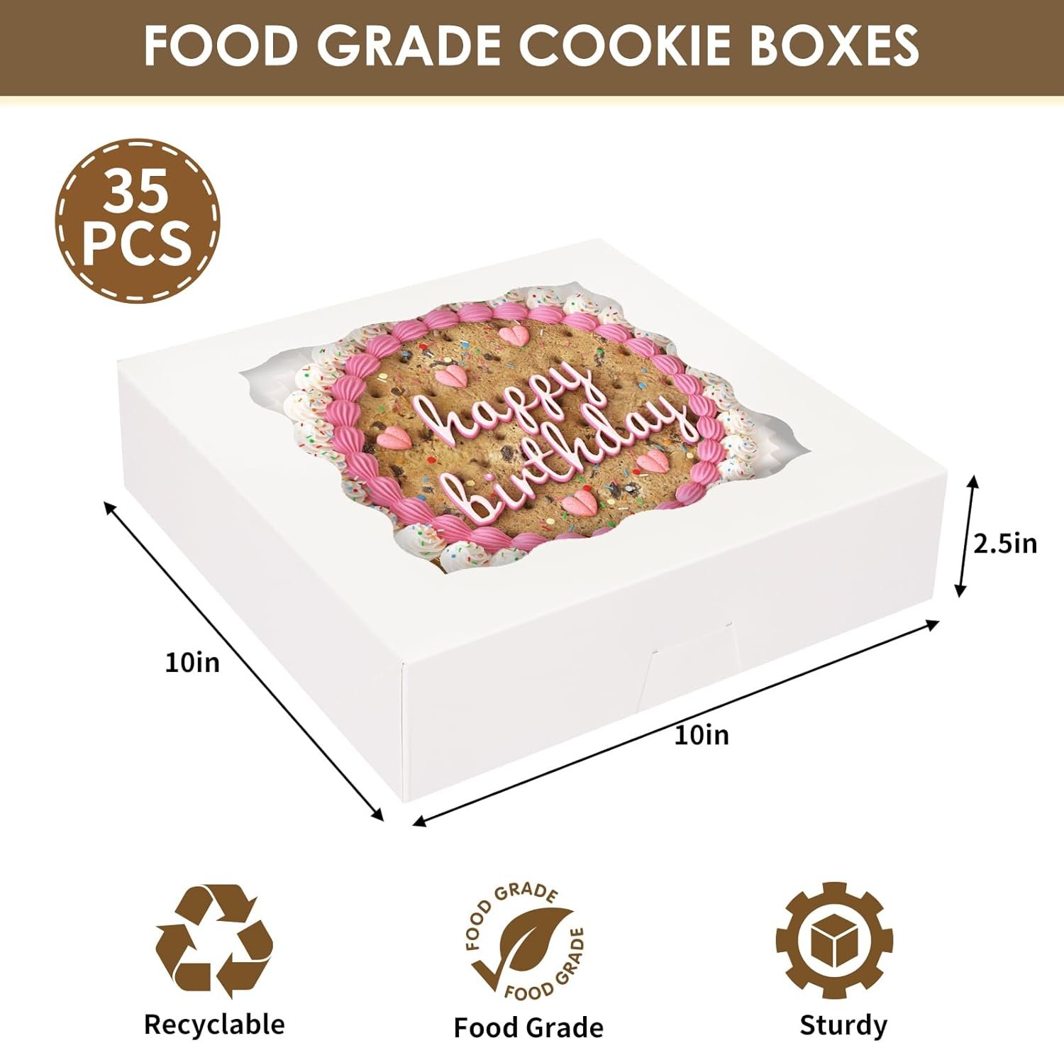 Caja de pastelería con ventana de 10x10x2.5 pulgadas, 35 piezas, ideal para galletas, pasteles, dulces y fresas cubiertas de chocolate, con opción de logo personalizado, marca blanca, fabricado por nuestro proveedor. Caja de pastelería con ventana de 10x10x2.5 pulgadas, 35 piezas, ideal para galletas, pasteles, dulces y fresas cubiertas de chocolate, con opción de logo personalizado, marca blanca, fabricado por nuestro proveedor.