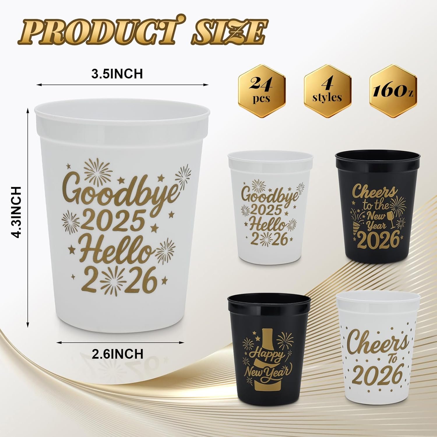 Copa de Fiesta de Año Nuevo 2026 - Paquete de 20 Tazas de Plástico Reutilizables de 16oz, 4 Diseños Festivos para Celebraciones de Fin de Año y Otras, Logo Personalizado y Proveedor de Fábrica