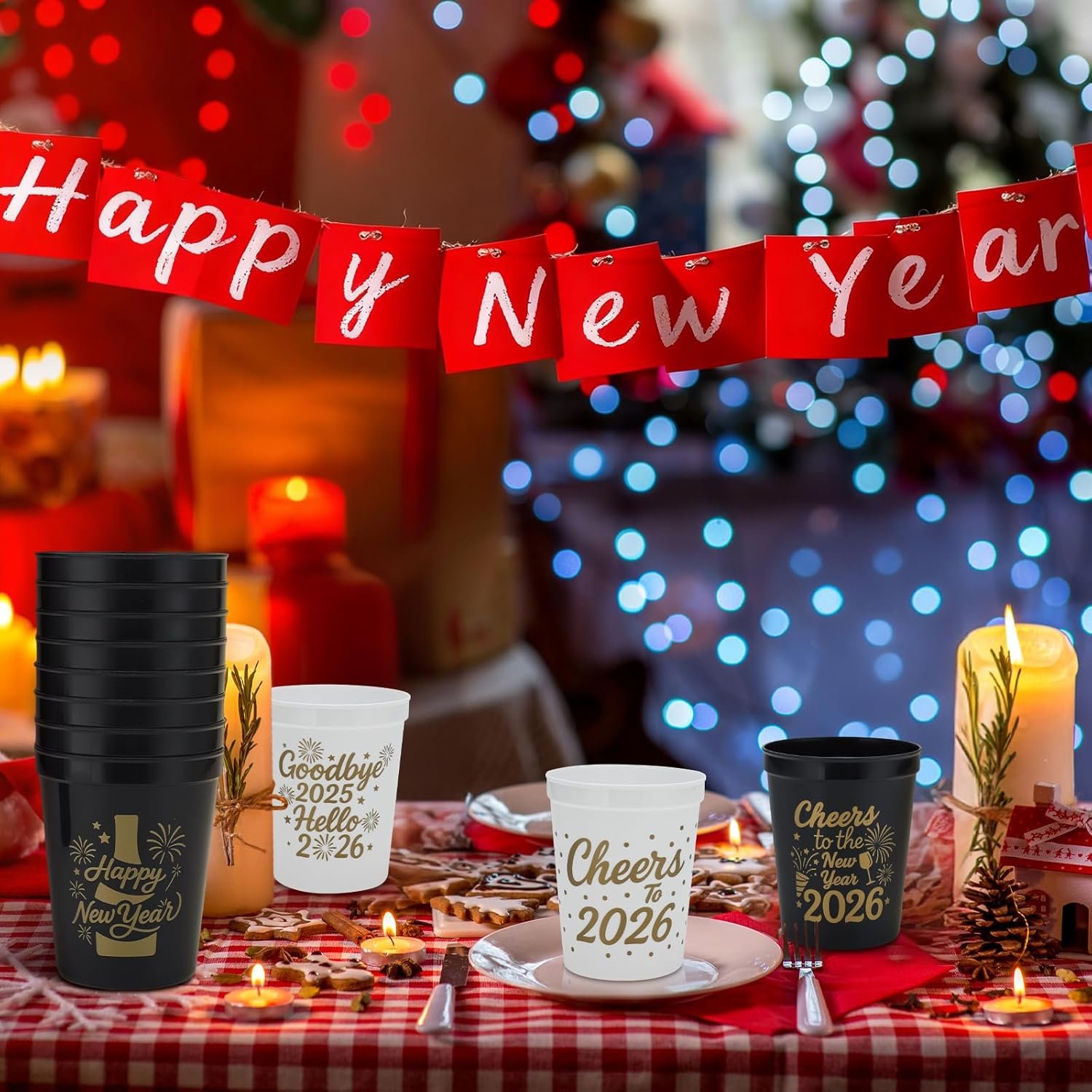 Copa de Fiesta de Año Nuevo 2026 - Paquete de 20 Tazas de Plástico Reutilizables de 16oz, 4 Diseños Festivos para Celebraciones de Fin de Año y Otras, Logo Personalizado y Proveedor de Fábrica