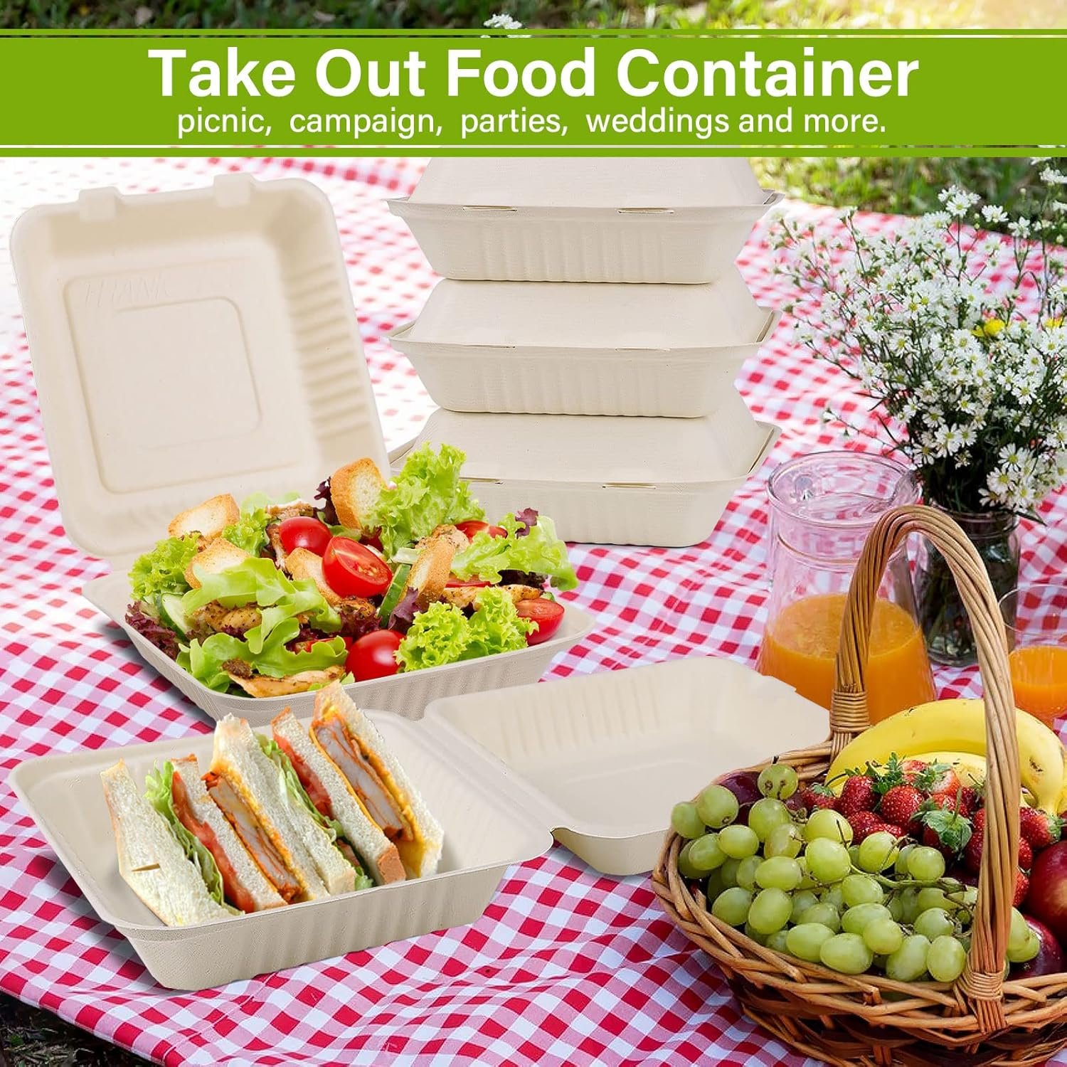 Logo Personalizado Contenedor de Comida para Llevar Compostable 8X8, 50 Pack Cajas de Comida Desechables, Biodegradables y Ecológicas Hechas de Fibras de Caña de Azúcar, Proveedor Especializado.