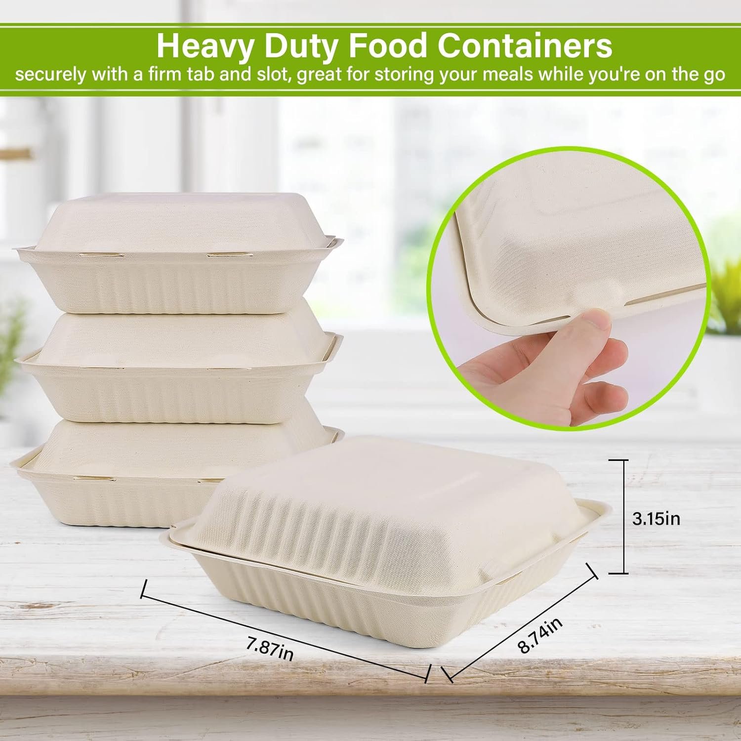 Logo Personalizado Contenedor de Comida para Llevar Compostable 8X8, 50 Pack Cajas de Comida Desechables, Biodegradables y Ecológicas Hechas de Fibras de Caña de Azúcar, Proveedor Especializado.