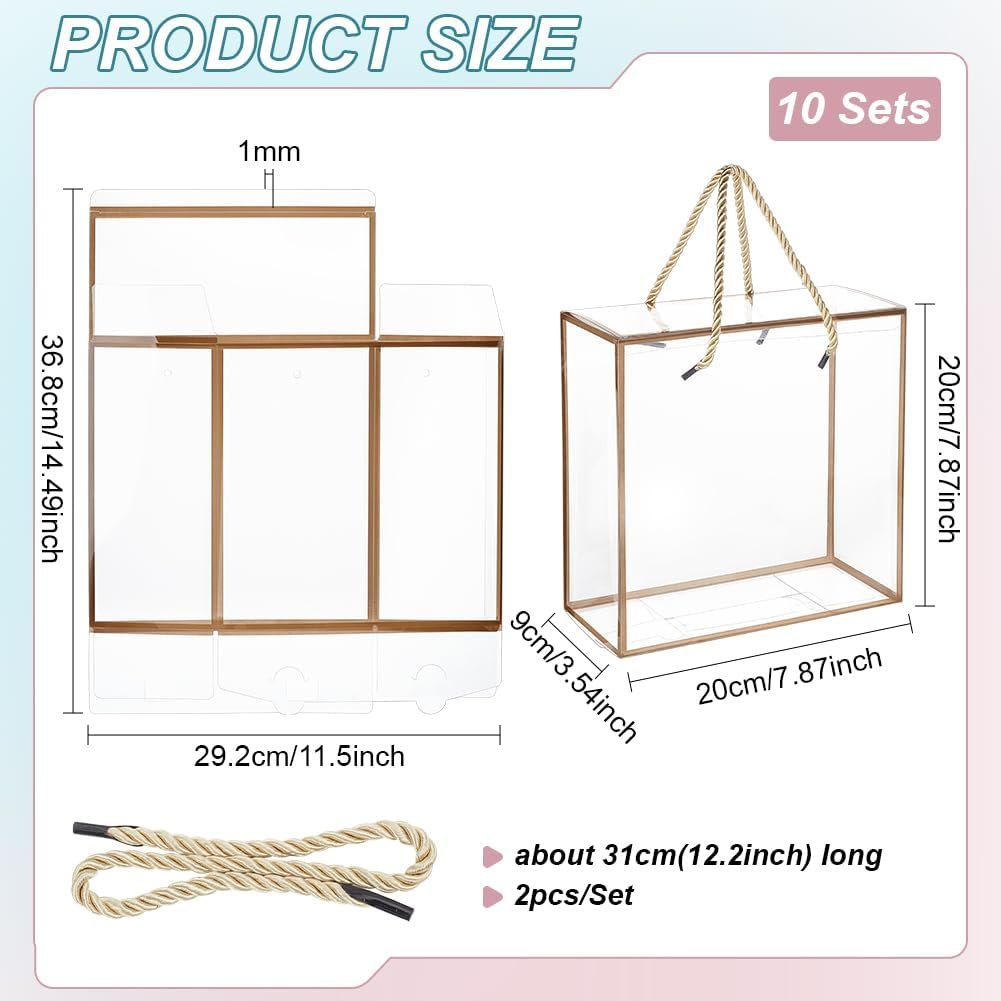 Caja de regalo transparente PET con logo personalizado, 10 packs de cajas de obsequio de 7.8x7.8x3.5 pulgadas con borde dorado y asas, caja para favores de fiesta de cumpleaños, boda y Día de la Madre, fabricante de soluciones personalizadas. Caja de regalo transparente PET con logo personalizado, 10 packs de cajas de obsequio de 7.8x7.8x3.5 pulgadas con borde dorado y asas, caja para favores de fiesta de cumpleaños, boda y Día de la Madre, fabricante de soluciones personalizadas.