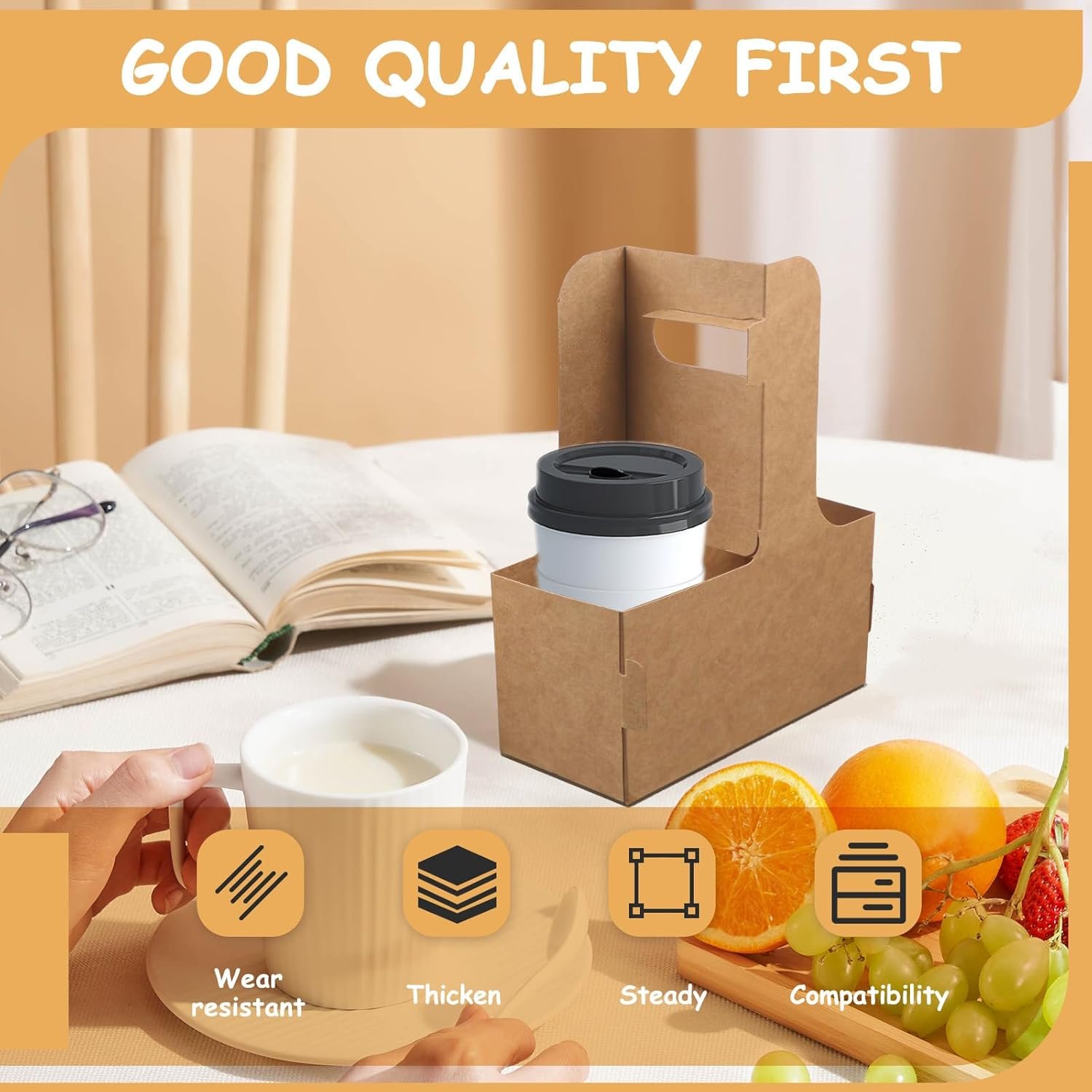 Logo Personalizado 20 Piezas Portavasos Desechables con Asa para Delivery, Porta Taza de Papel Kraft Colapsable para Bebidas Calientes o Frías, Marca Blanca de Proveedor.