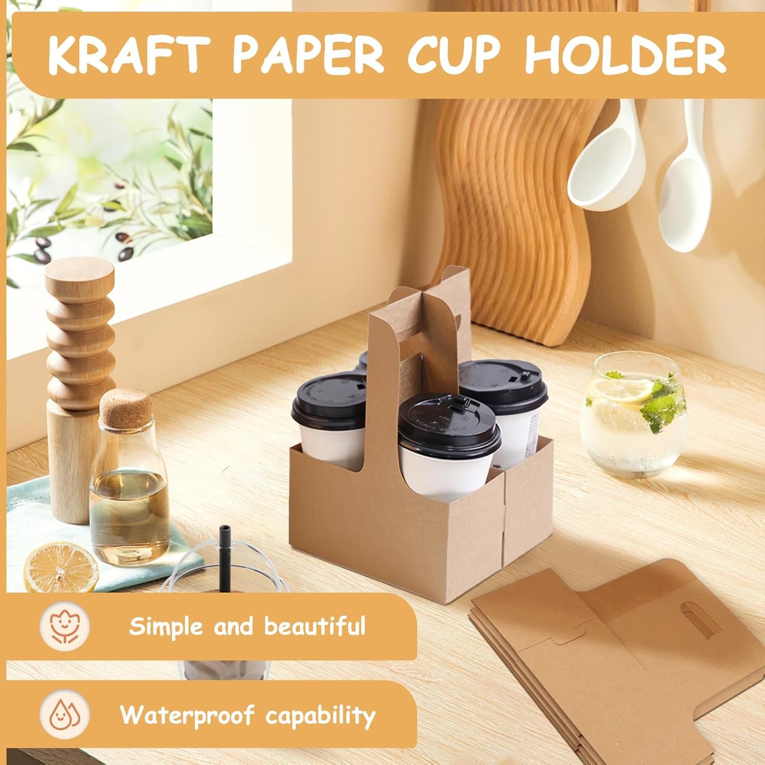 Logo Personalizado 20 Piezas Portavasos Desechables con Asa para Delivery, Porta Taza de Papel Kraft Colapsable para Bebidas Calientes o Frías, Marca Blanca de Proveedor.