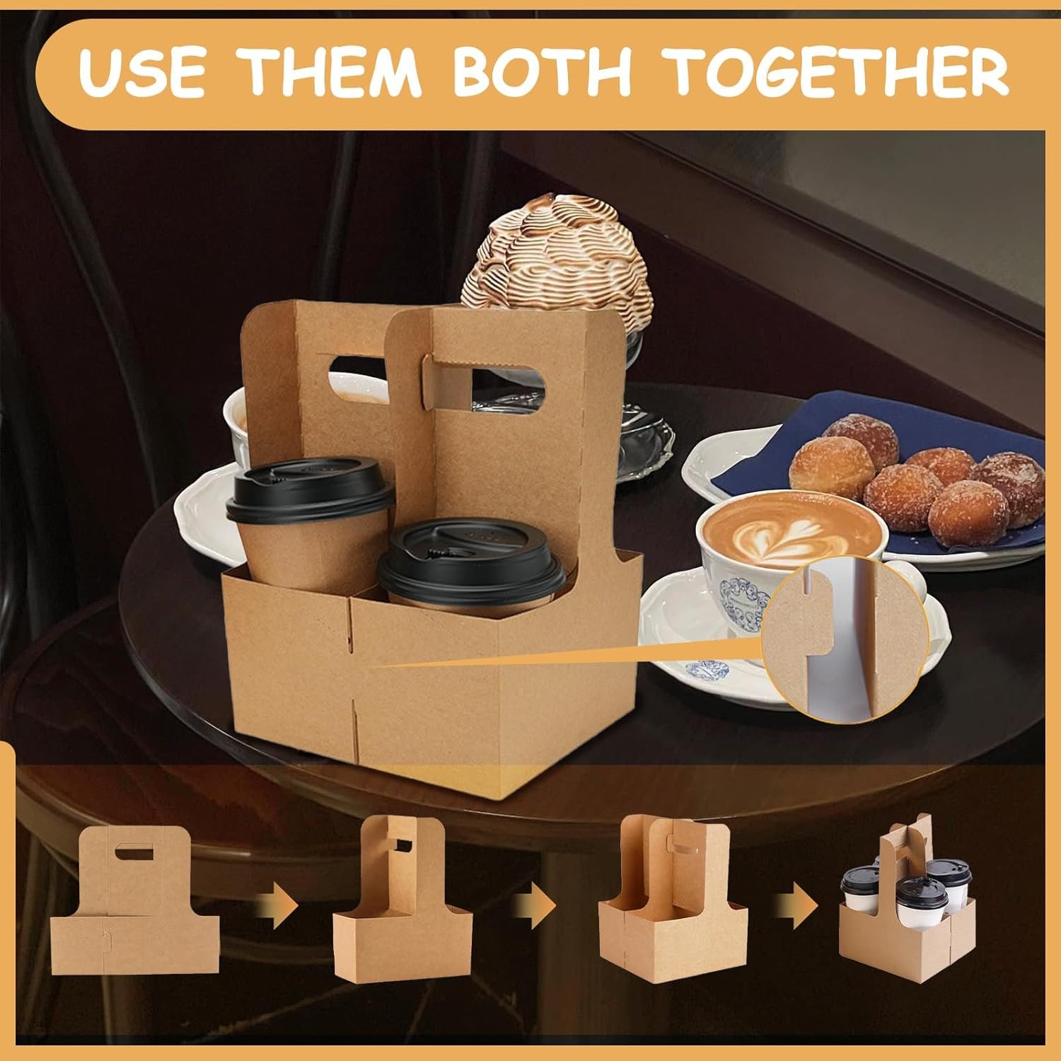 Logo Personalizado 20 Piezas Portavasos Desechables con Asa para Delivery, Porta Taza de Papel Kraft Colapsable para Bebidas Calientes o Frías, Marca Blanca de Proveedor.