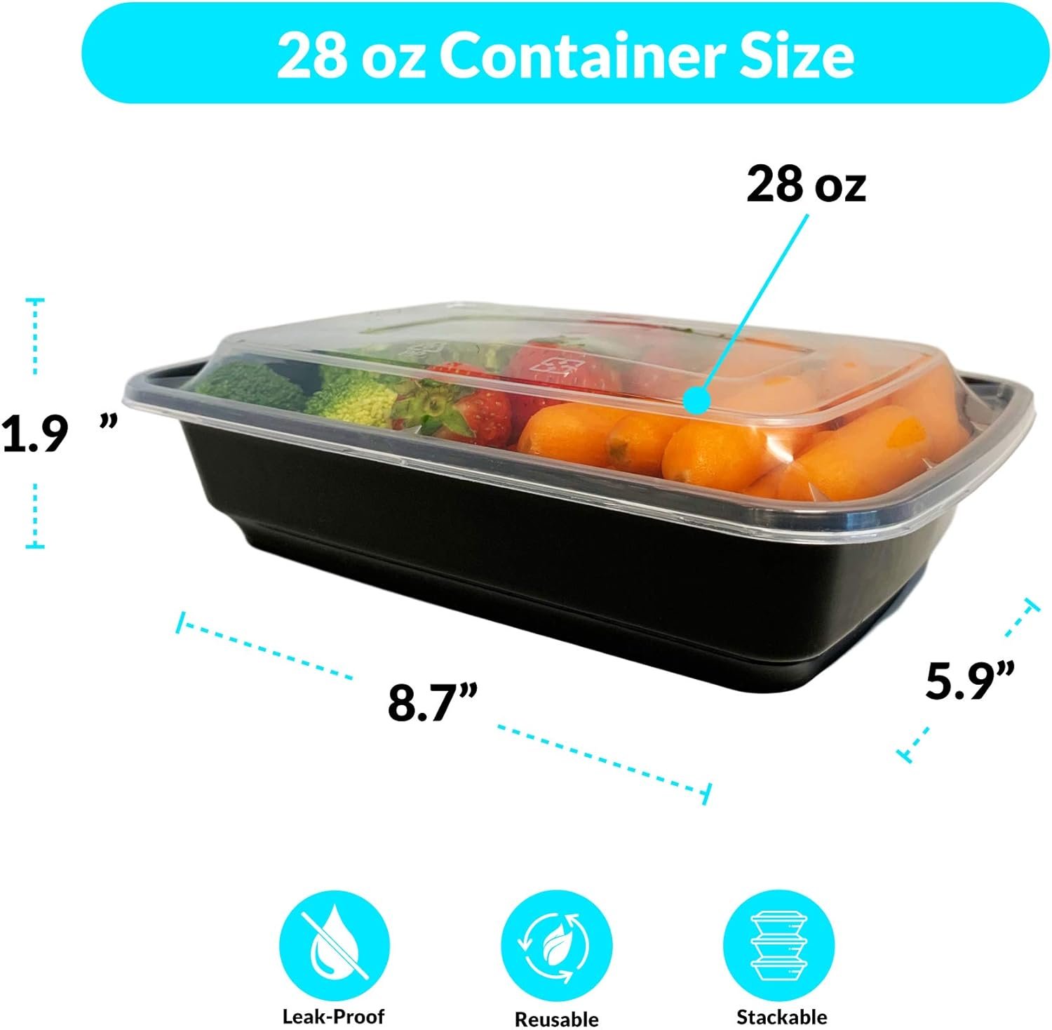 Contenedores desechables para alimentos de 28 oz con tapa - 50 unidades | Logo Personalizado, ideal para llevar y planificación de comidas | Fábrica de soluciones para almacenamiento de alimentos | Marca Blanca en plástico negro