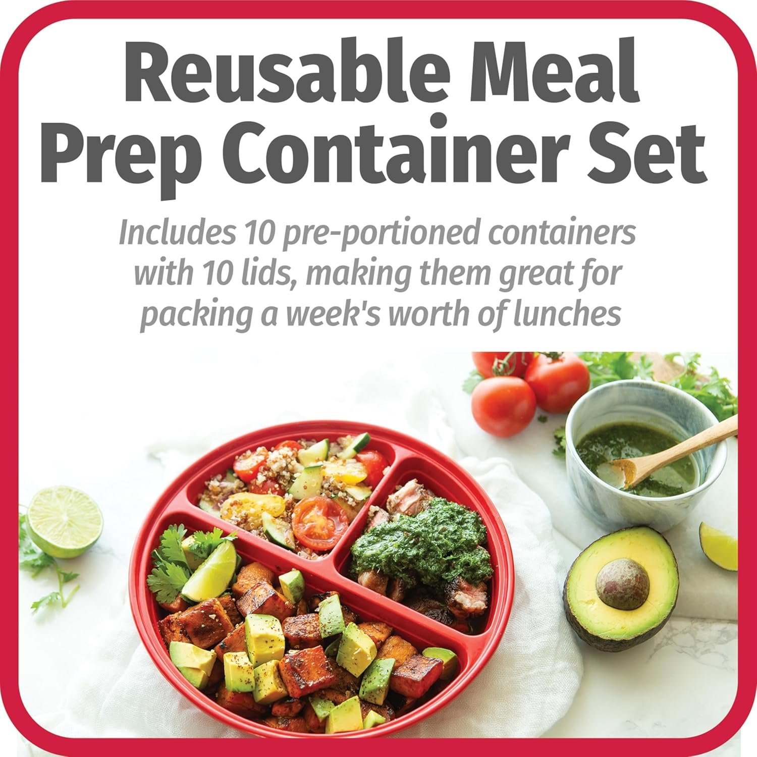 Logo Personalizado Juego de Contenedores para Preparación de Comidas Redondos, Aptos para Microondas y Lavavajillas, Organizadores de Alimentos con Compartimentos Etiquetados, Set de Almacenamiento de Alimentos Libre de BPA con Tapa de Cierre Seguro, Control de Porciones, 10 Piezas, Marca Blanca, Proveedor.