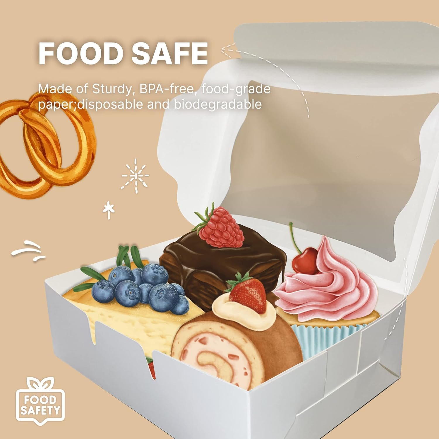 Cajas de Pastelería Desechables con Ventana - Pack de 25 para Galletas, Fresas Cubiertas de Chocolate, Macarons y Muffins, Logo Personalizado, 8 x 6 x 2.5 Pulgadas, Fabricante de Embalaje para Postres Cajas de Pastelería Desechables con Ventana - Pack de 25 para Galletas, Fresas Cubiertas de Chocolate, Macarons y Muffins, Logo Personalizado, 8 x 6 x 2.5 Pulgadas, Fabricante de Embalaje para Postres
