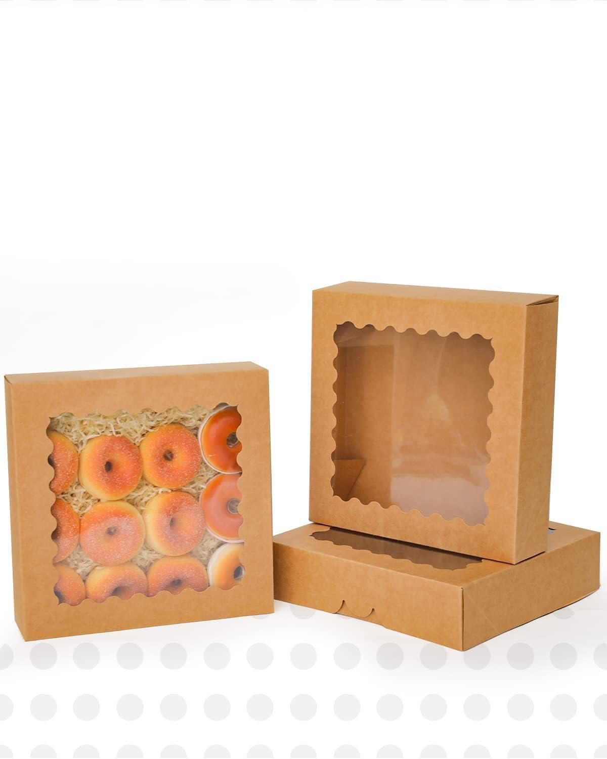 Caja de pasteles marrón de 10x10x2.5 pulgadas con ventana para galletas y donuts, 12 paquetes, Marca Blanca, Proveedor.