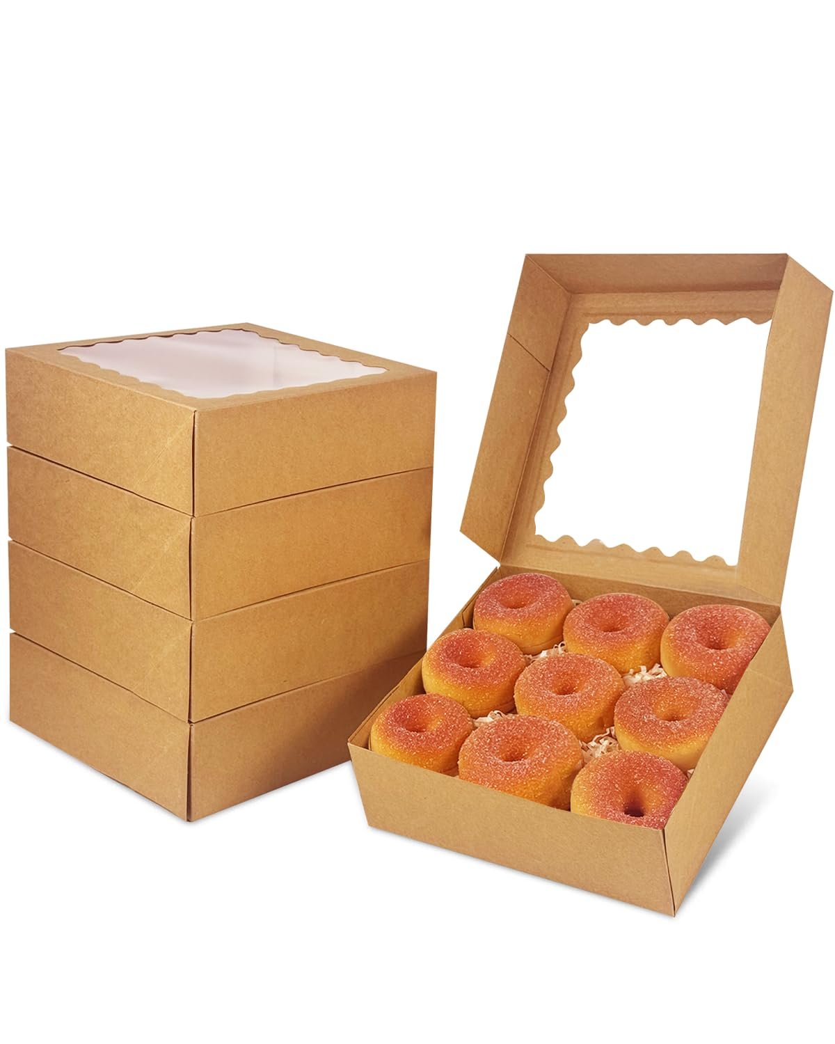 Caja de pasteles marrón de 10x10x2.5 pulgadas con ventana para galletas y donuts, 12 paquetes, Marca Blanca, Proveedor.