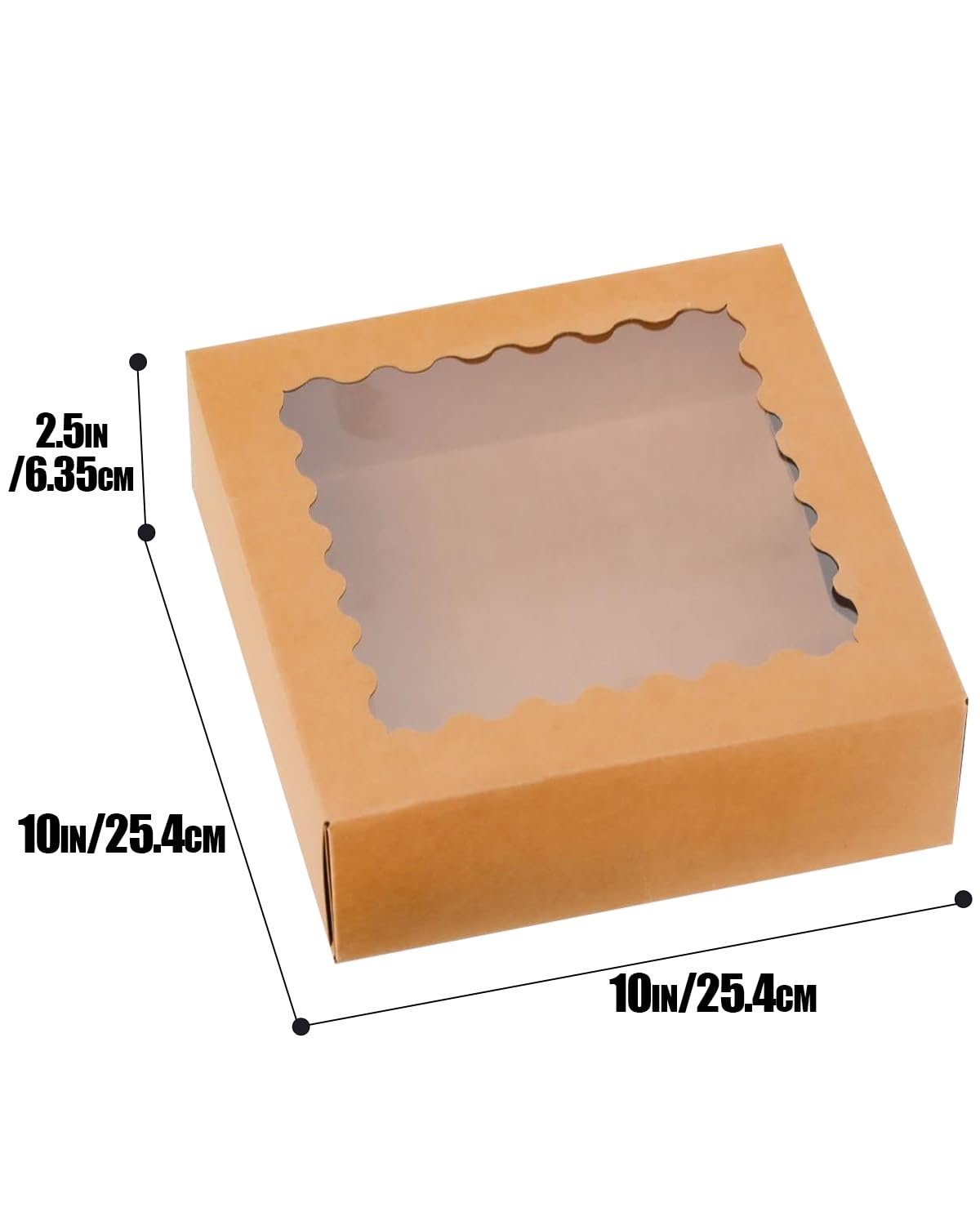 Caja de pasteles marrón de 10x10x2.5 pulgadas con ventana para galletas y donuts, 12 paquetes, Marca Blanca, Proveedor.