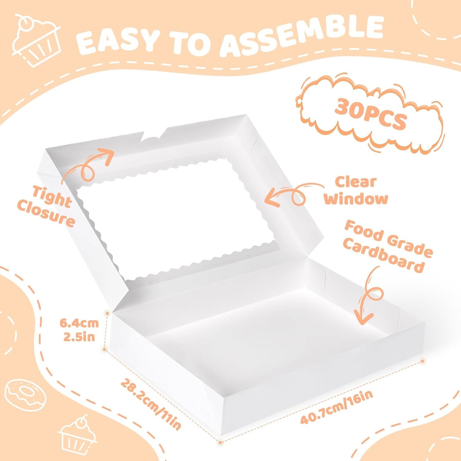 Caja de pastelería de 30 piezas con ventana, 16x11x2.5 pulgadas, ideal para donuts, macarons, fresas cubiertas de chocolate, tartas y galletas, Marca Blanca de alta calidad, entregadas directamente de la Fábrica.