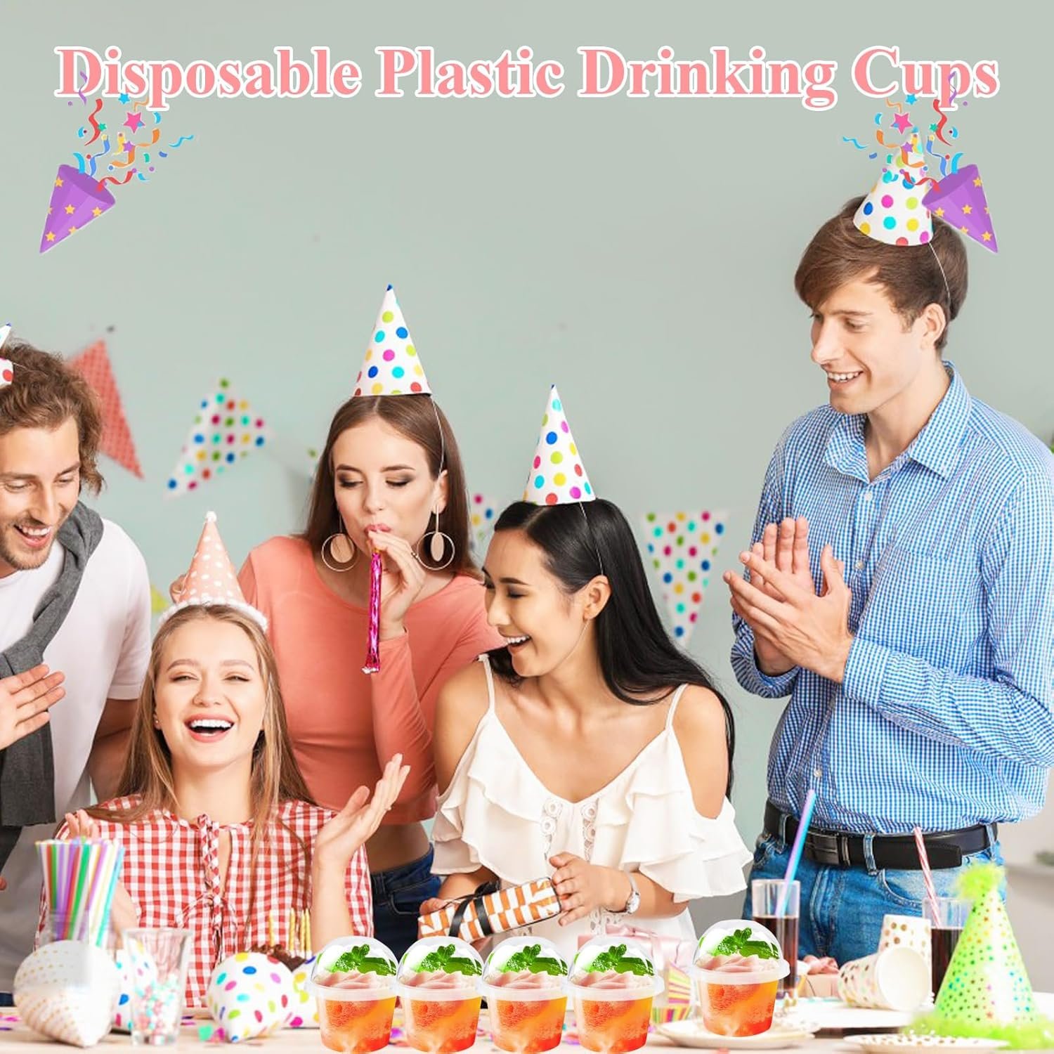 Logo Personalizado 50 Piezas Vasos Plásticos Transparentes de 8 oz con Tapas de Domo (Sin Agujero) para Postres Desechables, Contenedores para Llevar de Helado, Pastel, Fruta, Pudding, Jello Shot, Marca Blanca del Proveedor.