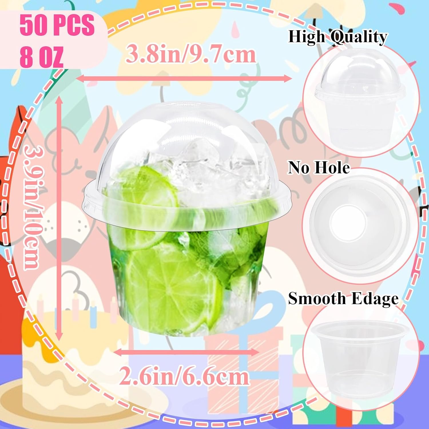 Logo Personalizado 50 Piezas Vasos Plásticos Transparentes de 8 oz con Tapas de Domo (Sin Agujero) para Postres Desechables, Contenedores para Llevar de Helado, Pastel, Fruta, Pudding, Jello Shot, Marca Blanca del Proveedor.