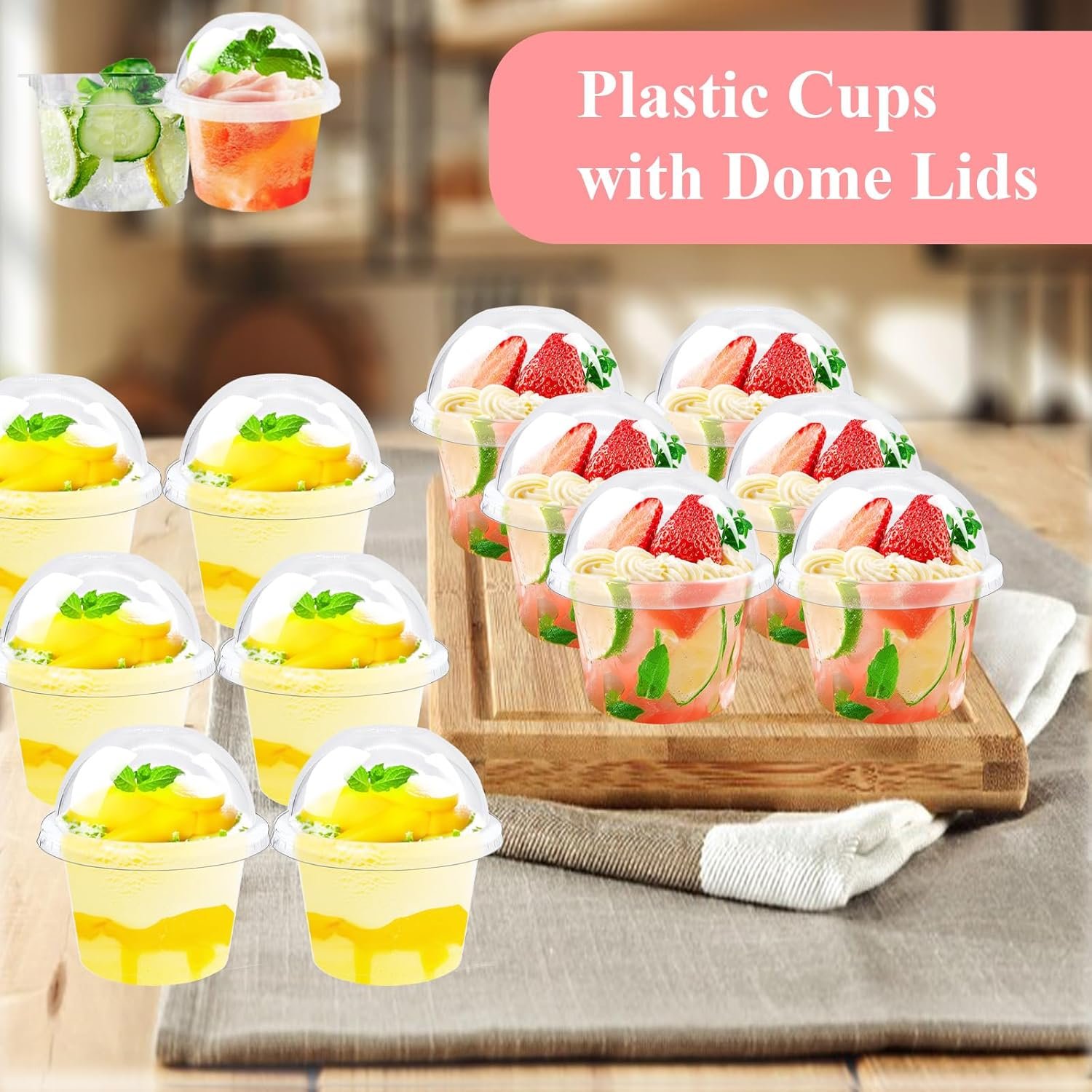 Logo Personalizado 50 Piezas Vasos Plásticos Transparentes de 8 oz con Tapas de Domo (Sin Agujero) para Postres Desechables, Contenedores para Llevar de Helado, Pastel, Fruta, Pudding, Jello Shot, Marca Blanca del Proveedor.