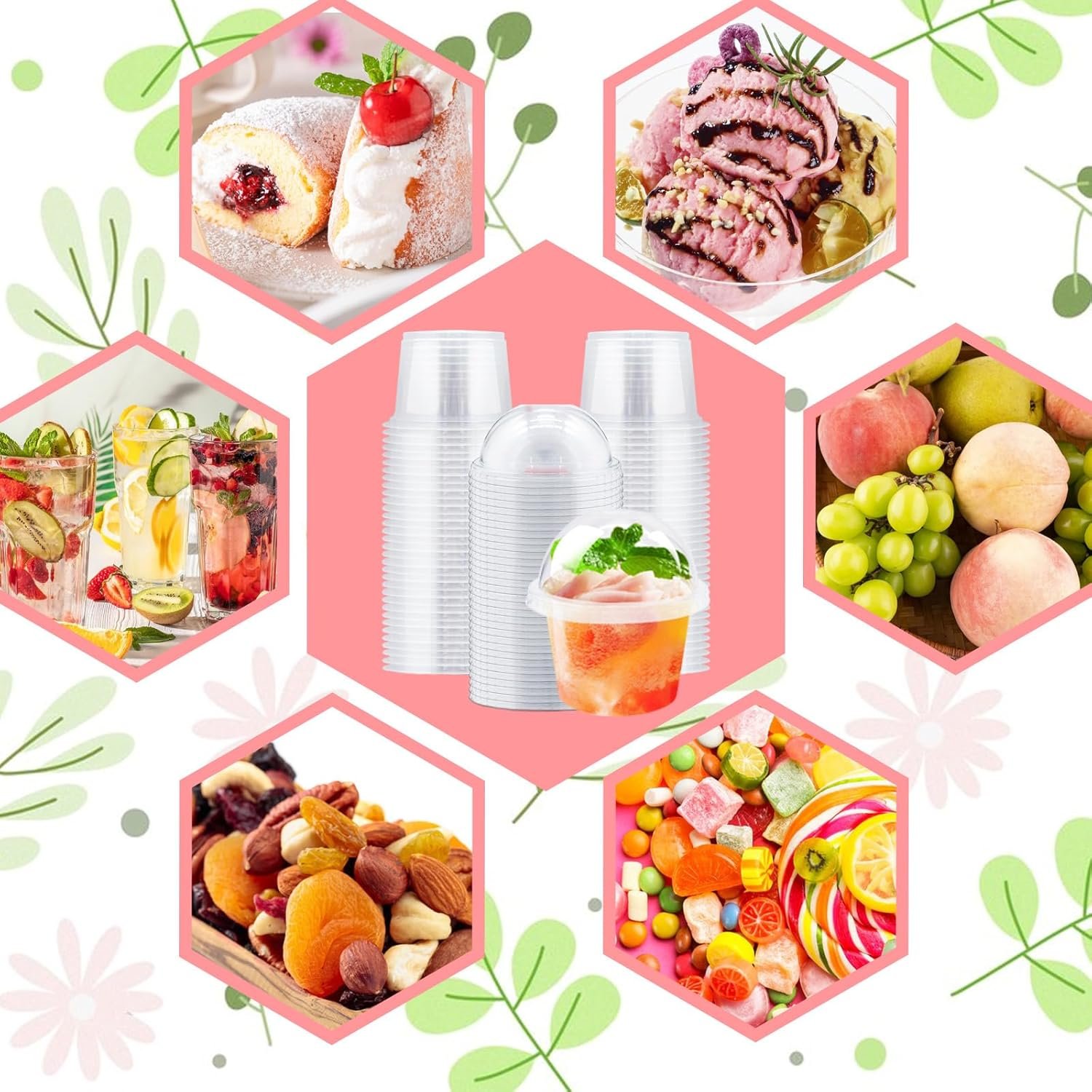 Logo Personalizado 50 Piezas Vasos Plásticos Transparentes de 8 oz con Tapas de Domo (Sin Agujero) para Postres Desechables, Contenedores para Llevar de Helado, Pastel, Fruta, Pudding, Jello Shot, Marca Blanca del Proveedor.