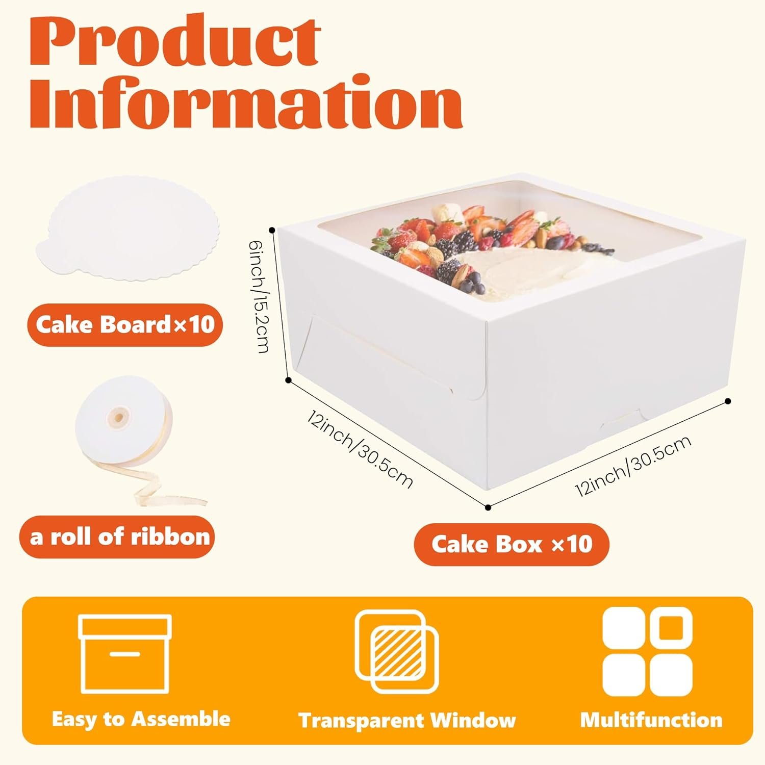 Cajas de Pasteles Blancas 20Pcs con Ventana y Tablas para Pasteles 12x12x6 Pulgadas, Logo Personalizado, Marca Blanca, Proveedor de Fábrica. Cajas de Pasteles Blancas 20Pcs con Ventana y Tablas para Pasteles 12x12x6 Pulgadas, Logo Personalizado, Marca Blanca, Proveedor de Fábrica.
