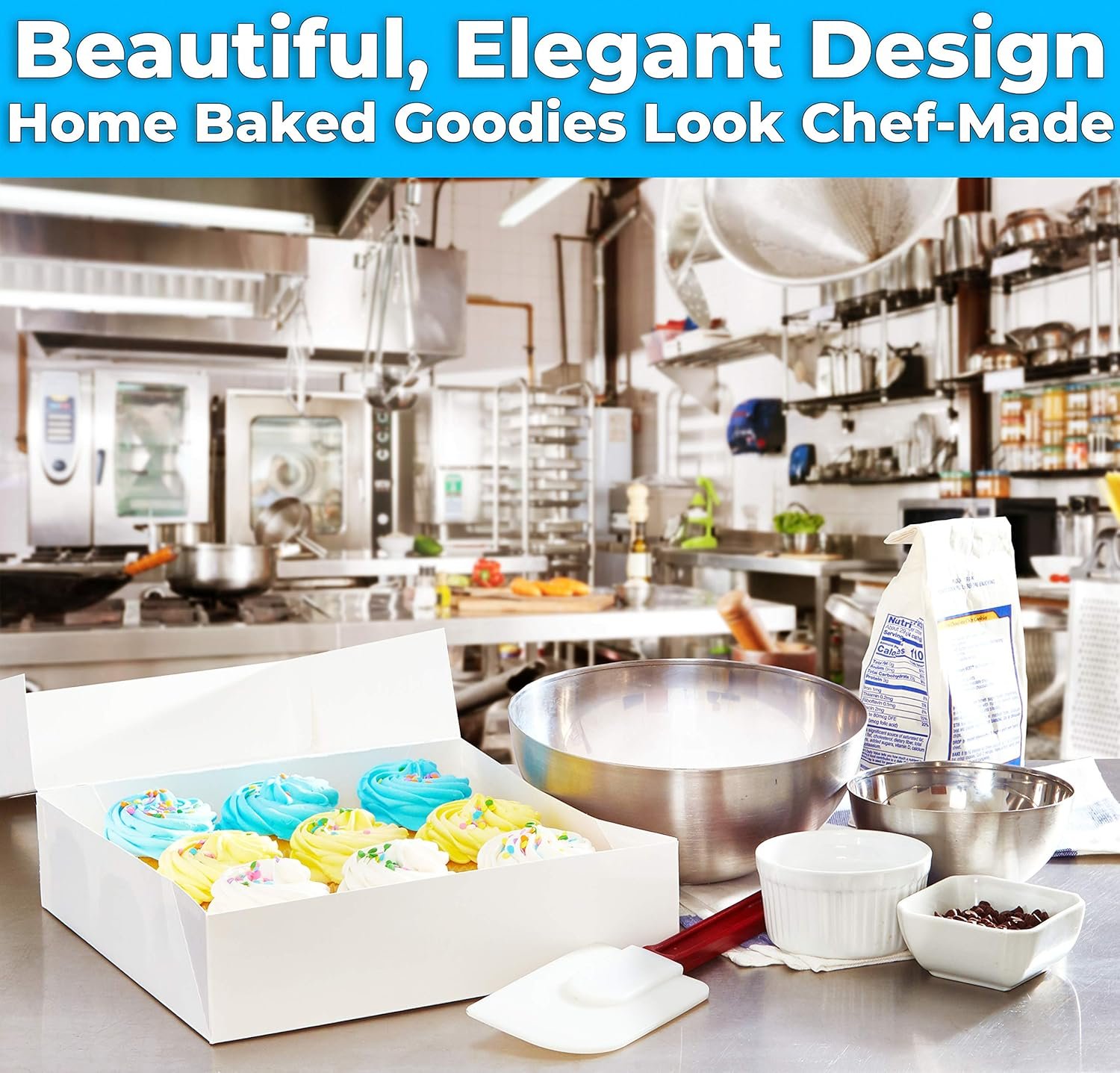 Caja de panadería blanca gourmet de 10 pulgadas con ventana, ideal para exhibir tartas, pasteles, cupcakes y pastas. Personaliza con tu logo para regalos dulces laborales o escolares. Proveedor de soluciones resistentes para el transporte de productos horneados.