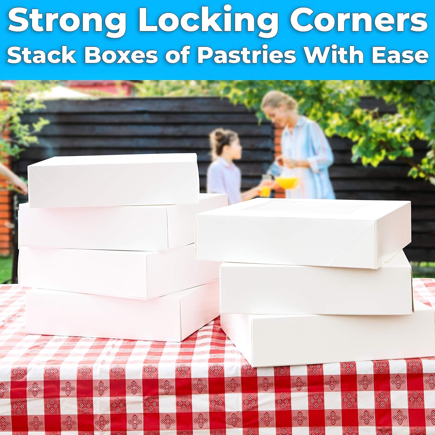Caja de panadería blanca gourmet de 10 pulgadas con ventana, ideal para exhibir tartas, pasteles, cupcakes y pastas. Personaliza con tu logo para regalos dulces laborales o escolares. Proveedor de soluciones resistentes para el transporte de productos horneados.