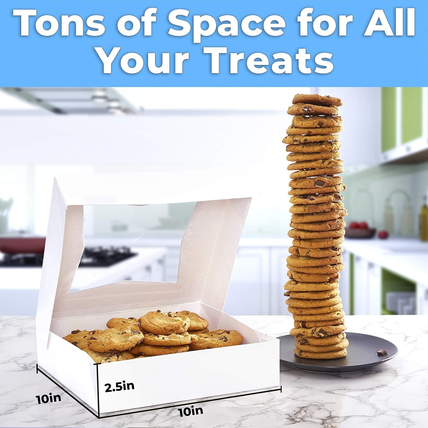Caja de panadería blanca gourmet de 10 pulgadas con ventana, ideal para exhibir tartas, pasteles, cupcakes y pastas. Personaliza con tu logo para regalos dulces laborales o escolares. Proveedor de soluciones resistentes para el transporte de productos horneados.