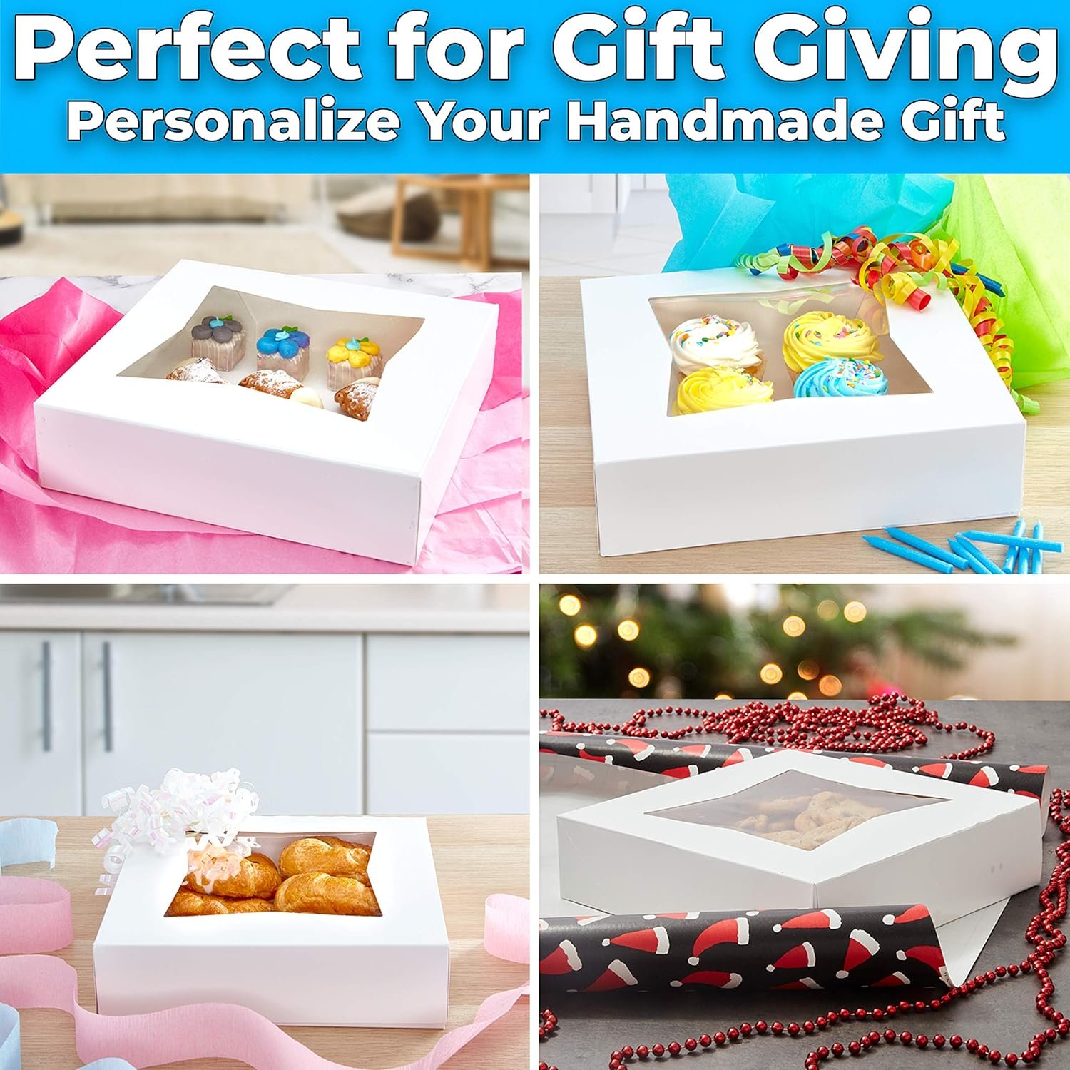 Caja de panadería blanca gourmet de 10 pulgadas con ventana, ideal para exhibir tartas, pasteles, cupcakes y pastas. Personaliza con tu logo para regalos dulces laborales o escolares. Proveedor de soluciones resistentes para el transporte de productos horneados.
