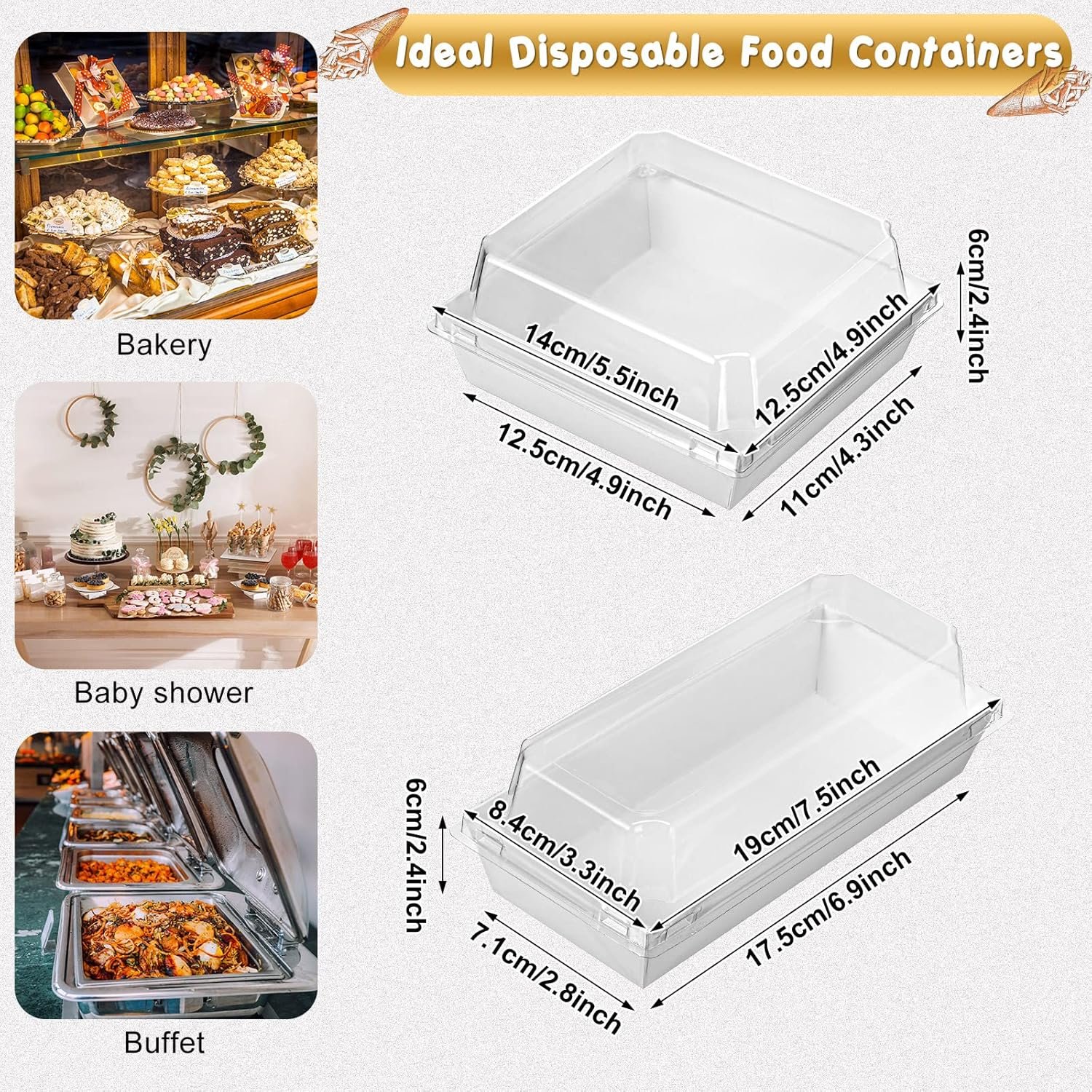 Caja de charcutería desechable con logo personalizado de 100 unidades, 2 tamaños, tapa de seguridad clara, caja cuadrada blanca de 5'' para productos de panadería, caja de 7.5'' para sandwiches, pasteles, galletas, postres y ensaladas, ideal para marcas blancas de un proveedor. Caja de charcutería desechable con logo personalizado de 100 unidades, 2 tamaños, tapa de seguridad clara, caja cuadrada blanca de 5'' para productos de panadería, caja de 7.5'' para sandwiches, pasteles, galletas, postres y ensaladas, ideal para marcas blancas de un proveedor.