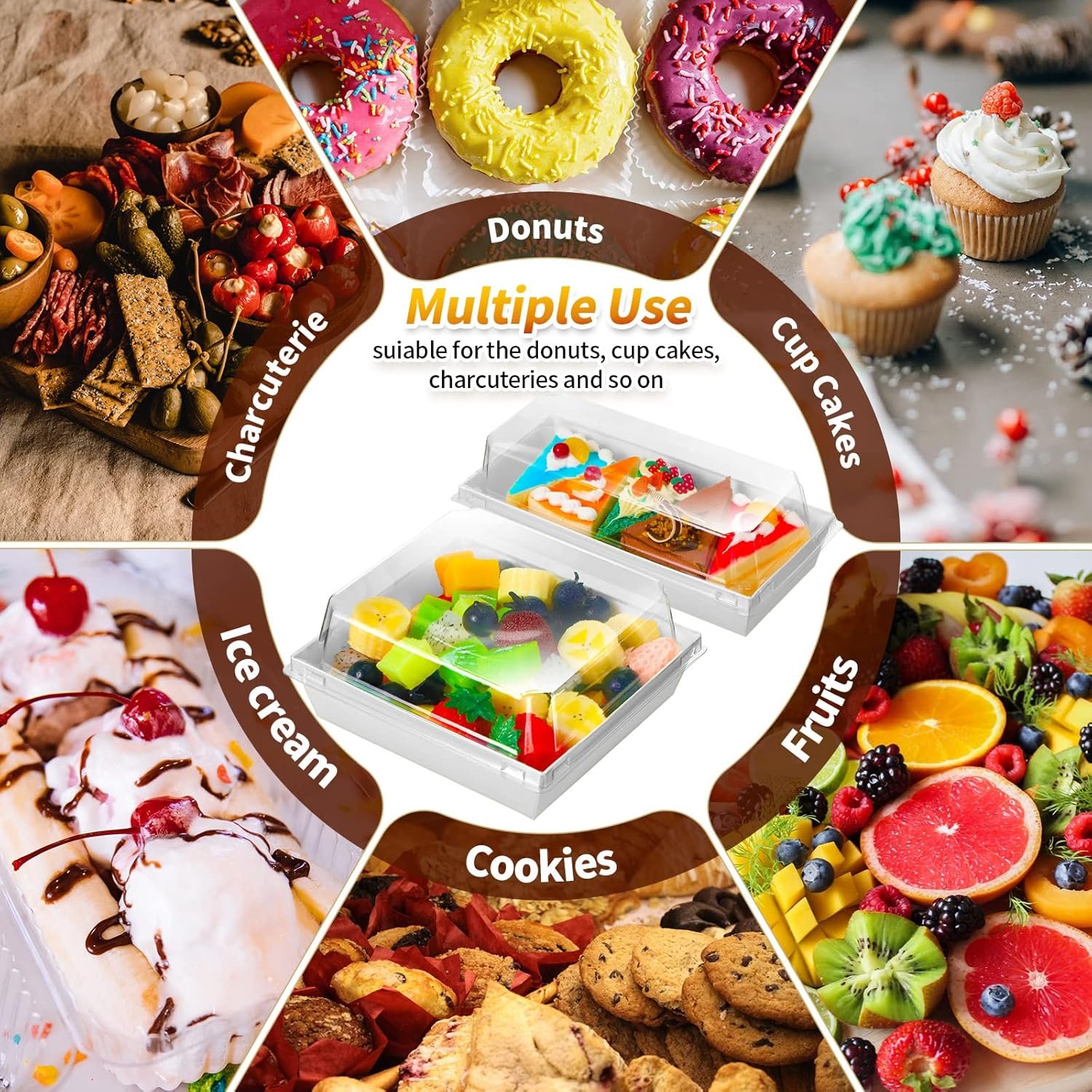 Caja de charcutería desechable con logo personalizado de 100 unidades, 2 tamaños, tapa de seguridad clara, caja cuadrada blanca de 5'' para productos de panadería, caja de 7.5'' para sandwiches, pasteles, galletas, postres y ensaladas, ideal para marcas blancas de un proveedor. Caja de charcutería desechable con logo personalizado de 100 unidades, 2 tamaños, tapa de seguridad clara, caja cuadrada blanca de 5'' para productos de panadería, caja de 7.5'' para sandwiches, pasteles, galletas, postres y ensaladas, ideal para marcas blancas de un proveedor.