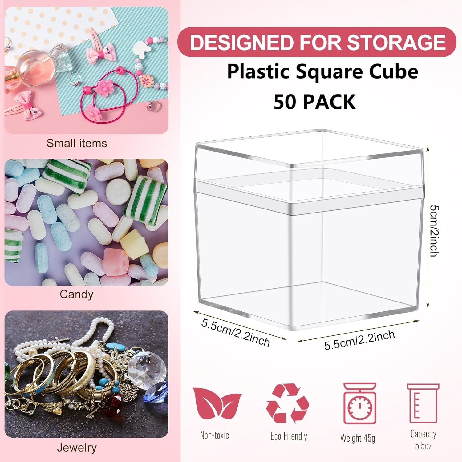 Logo Personalizado Cajas de Acero Acrílico Transparente de 50 Pcs 2 x 2 x 2 Pulgadas con Tapa para Dulces, Almacenamiento de Joyería y Regalos, Fabricante de Envases Personalizados.