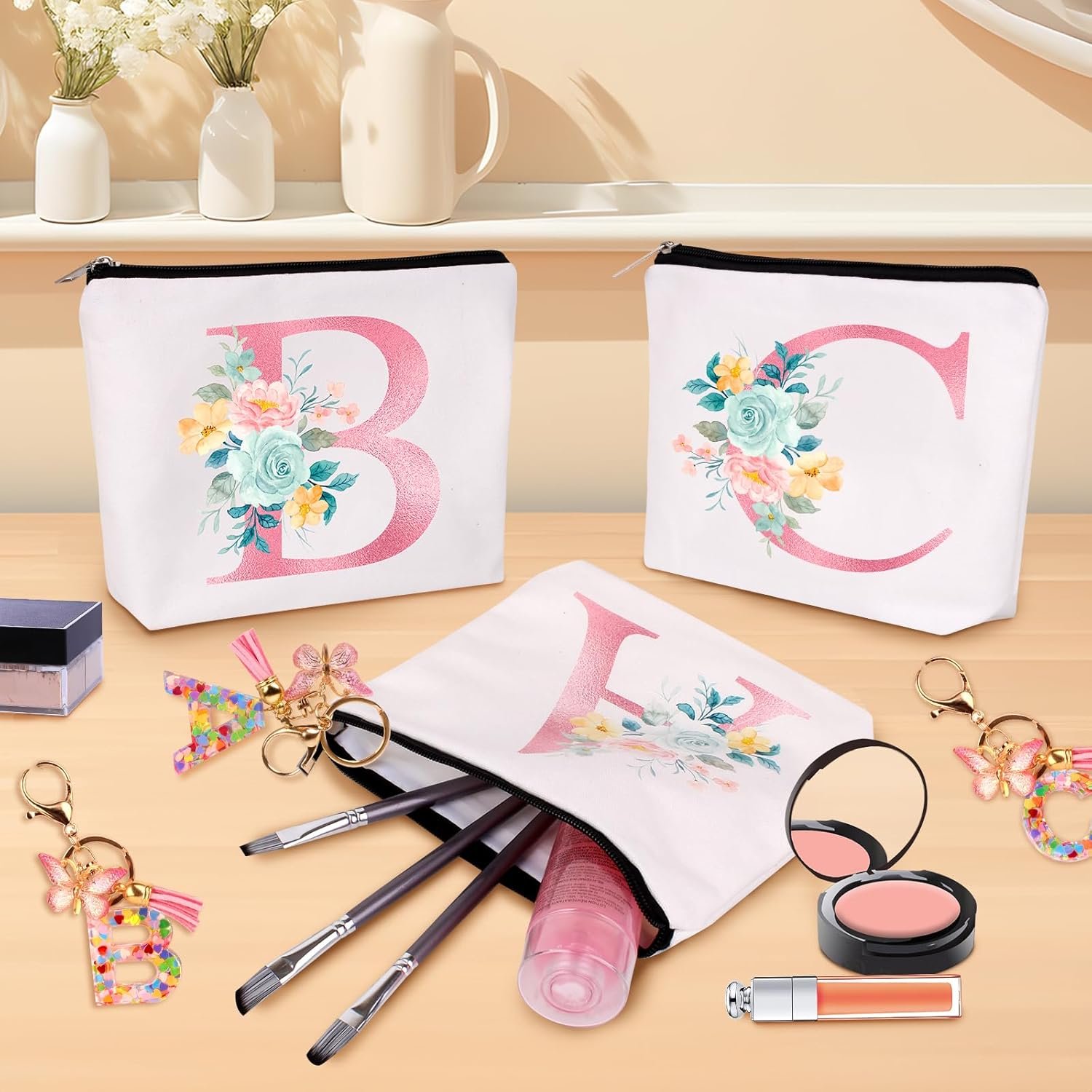 Logo Personalizado Neceser de Maquillaje con Llavero Inicial, Monograma Personalizado, Bolsa de Cosméticos de Viaje Pequeña, Regalos de Cumpleaños para Mujeres, Proveedor Fábrica (I)